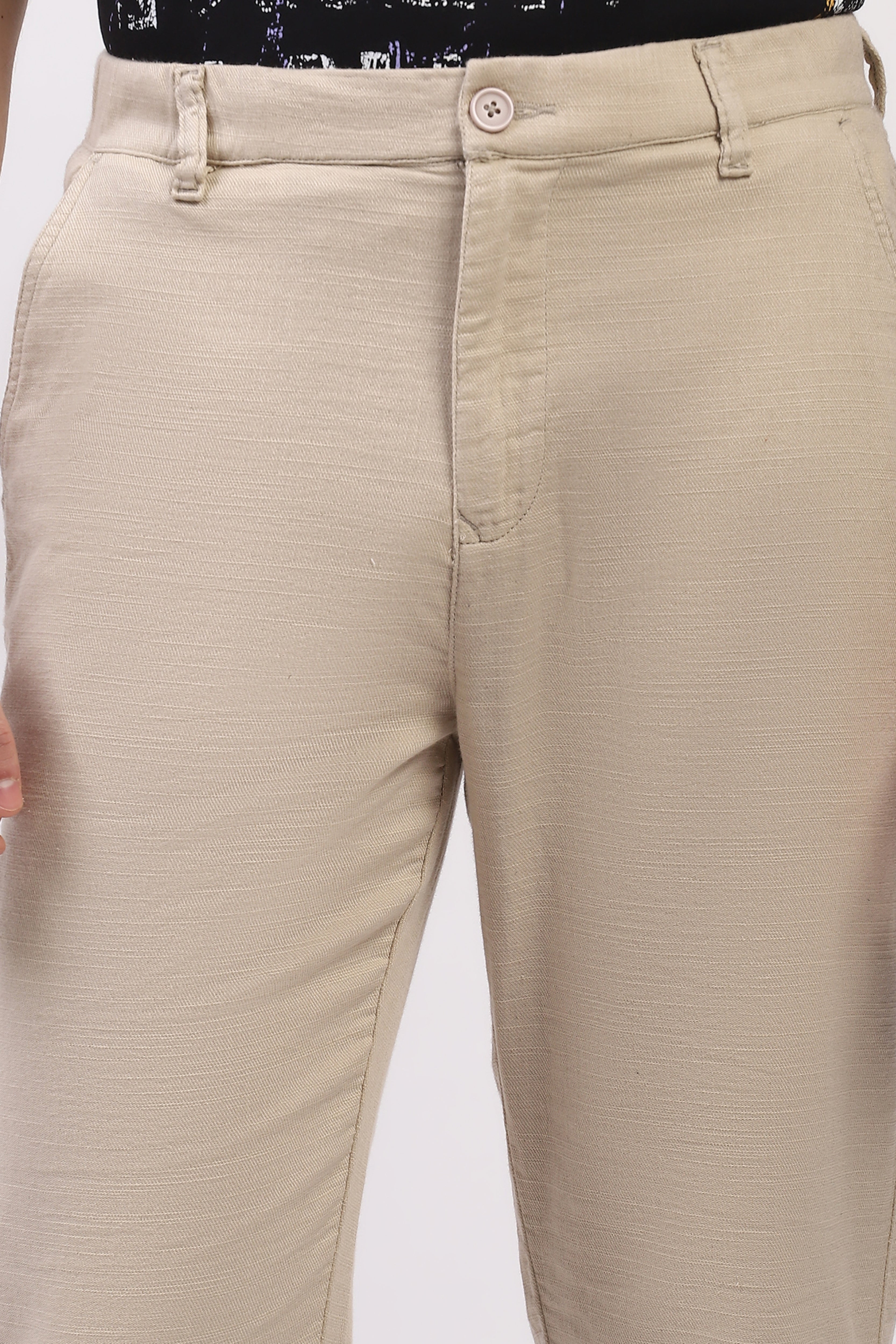 Beige Cotton Straight Fit Trouser