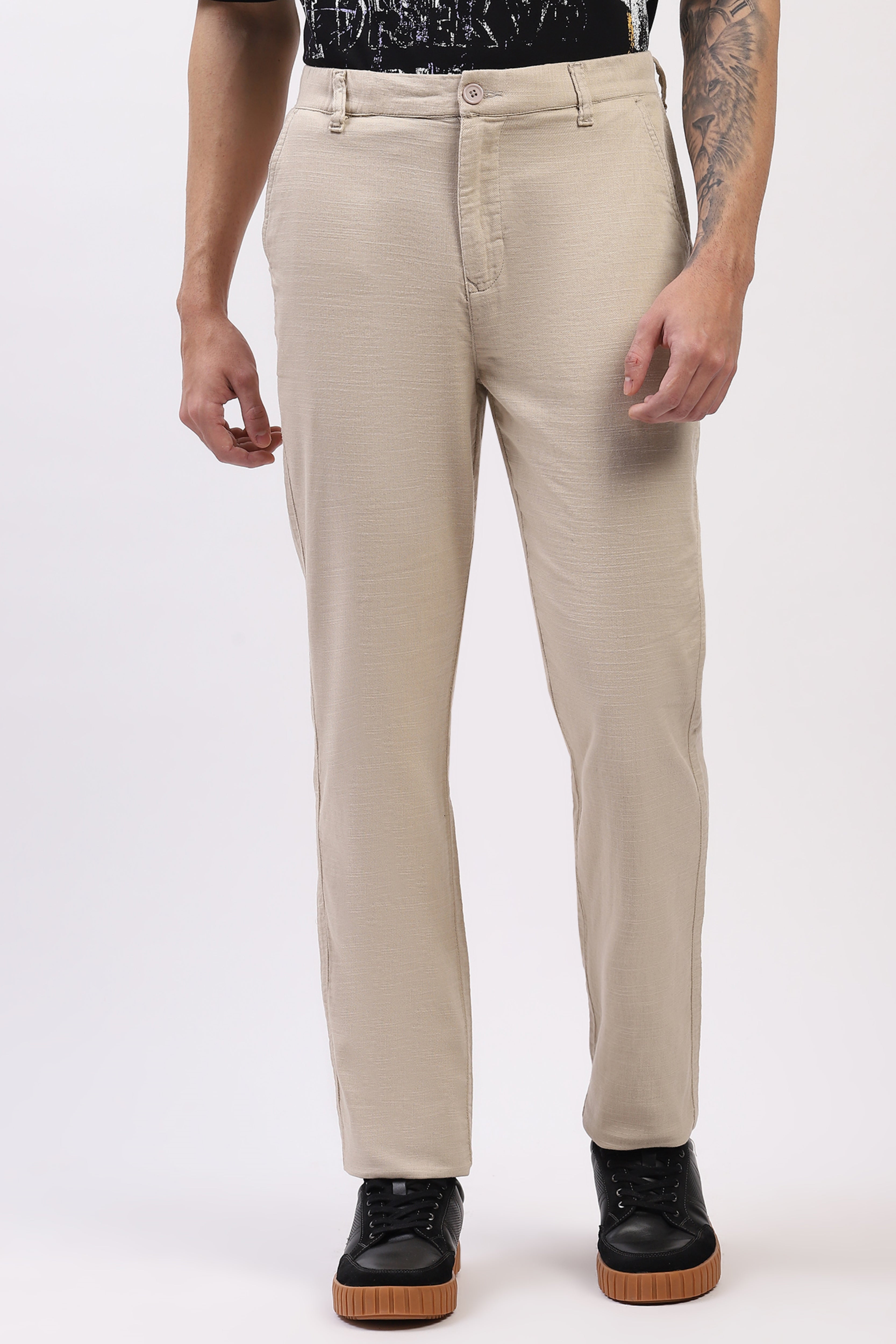 Beige Cotton Straight Fit Trouser