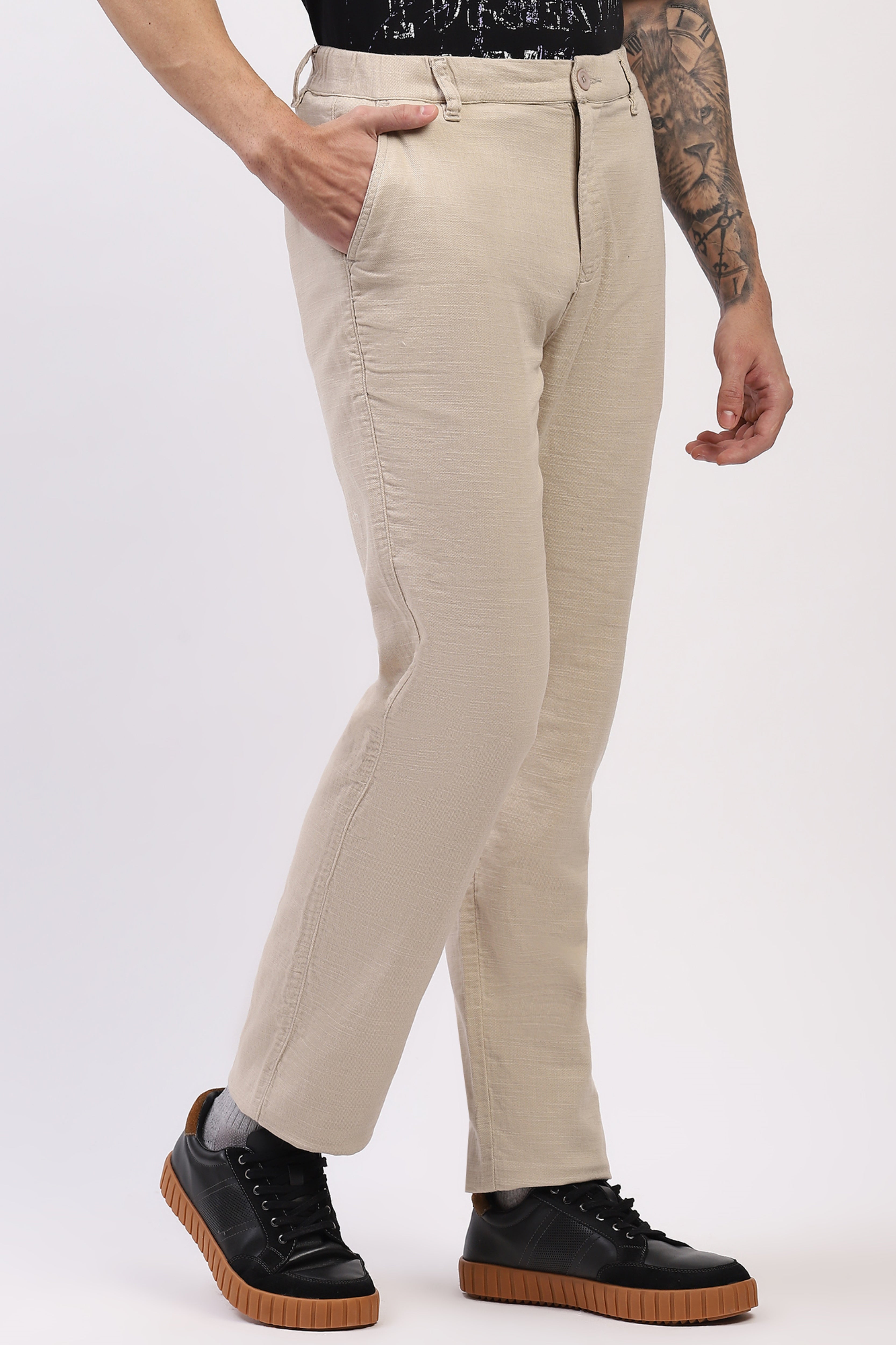Beige Cotton Straight Fit Trouser