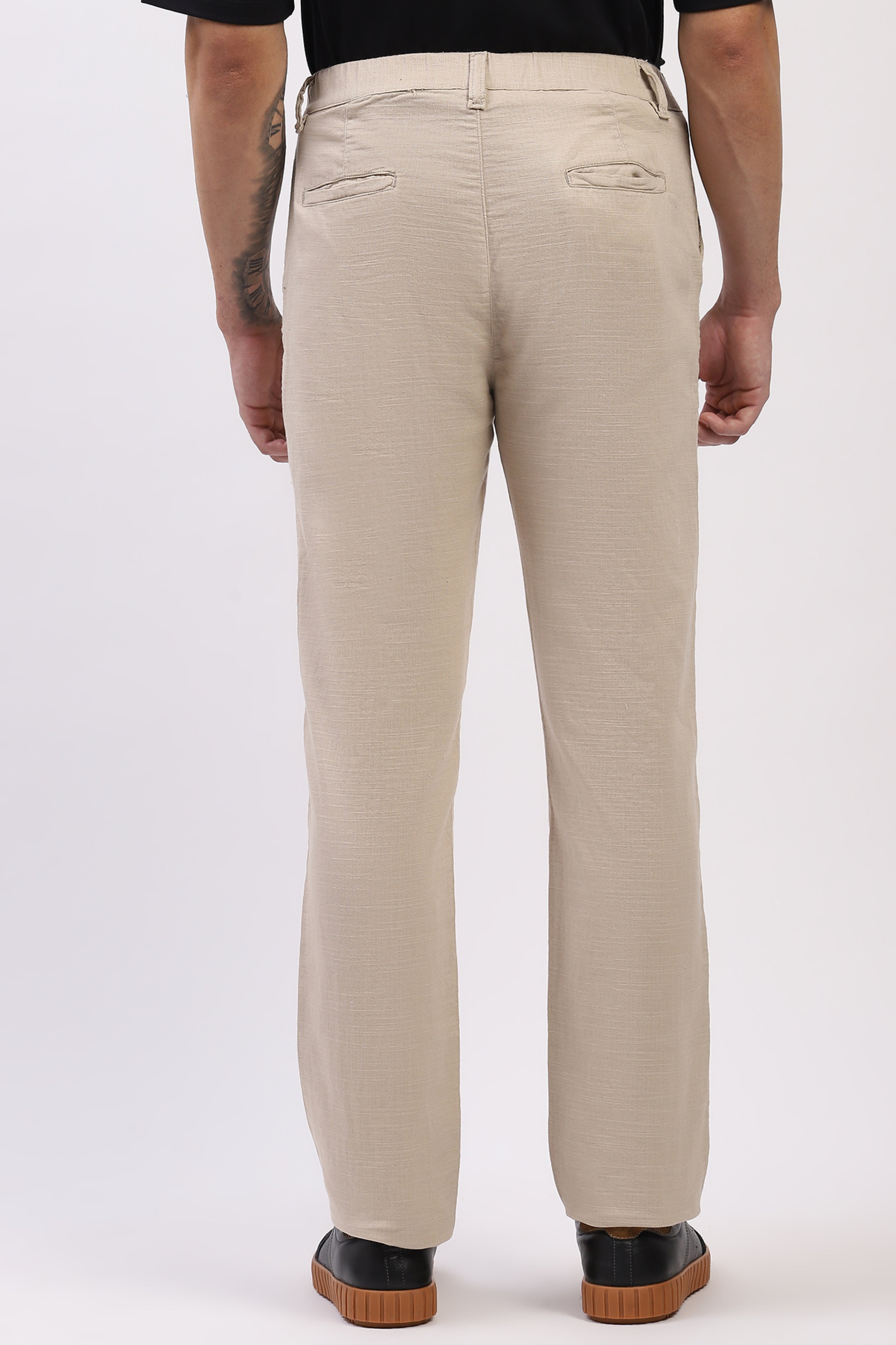 Beige Cotton Straight Fit Trouser