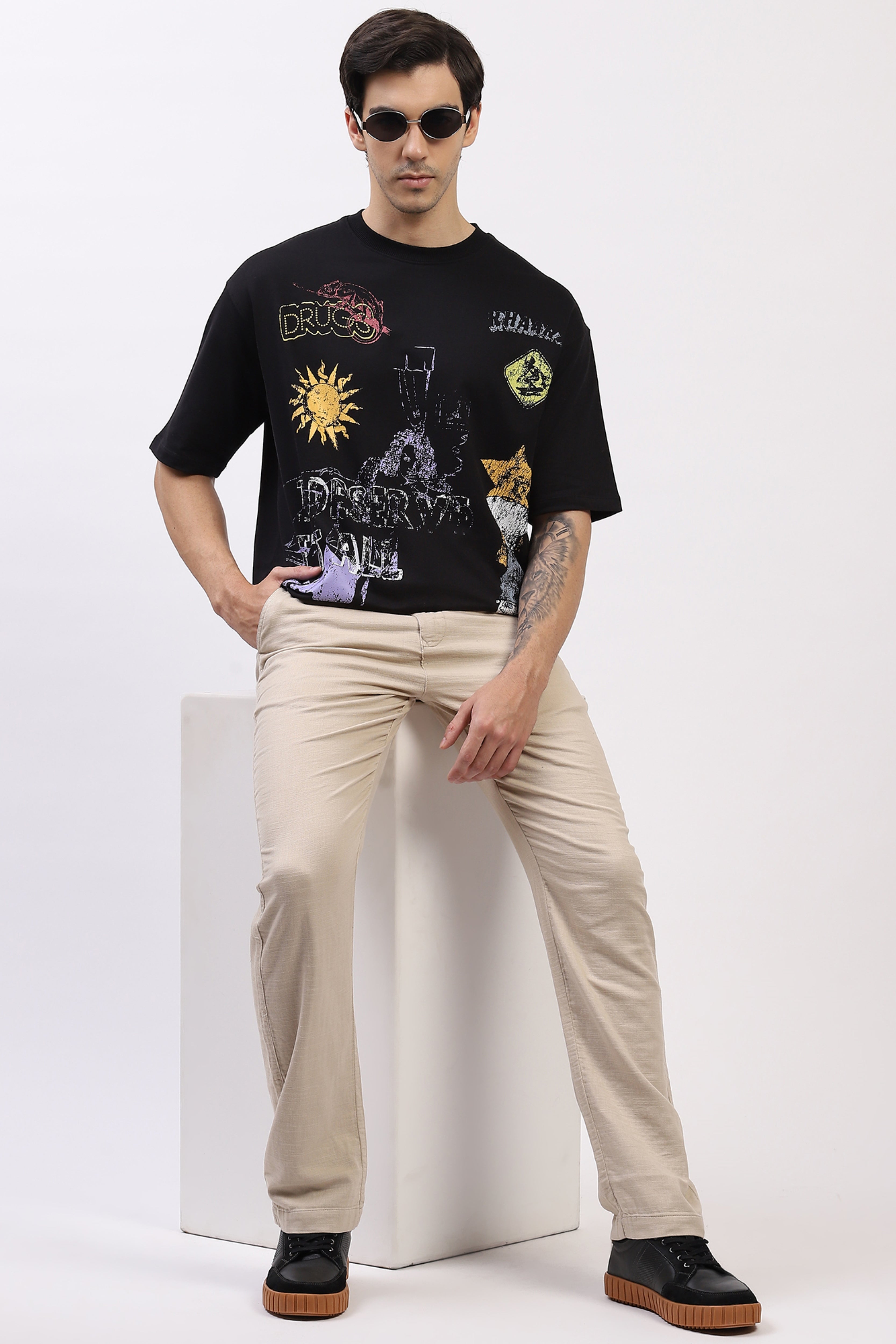 Beige Cotton Straight Fit Trouser
