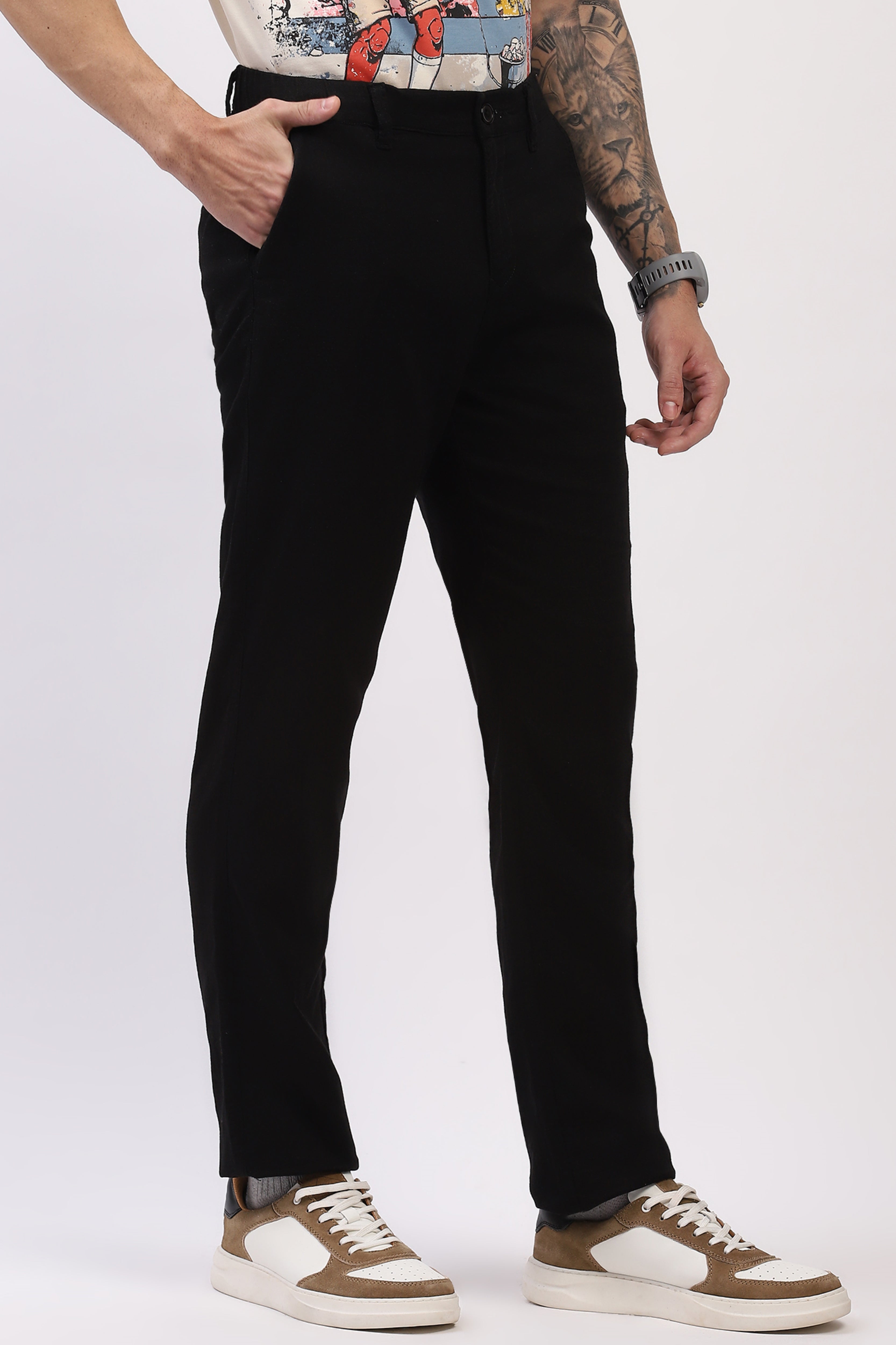 Black Cotton Straight Fit Trouser