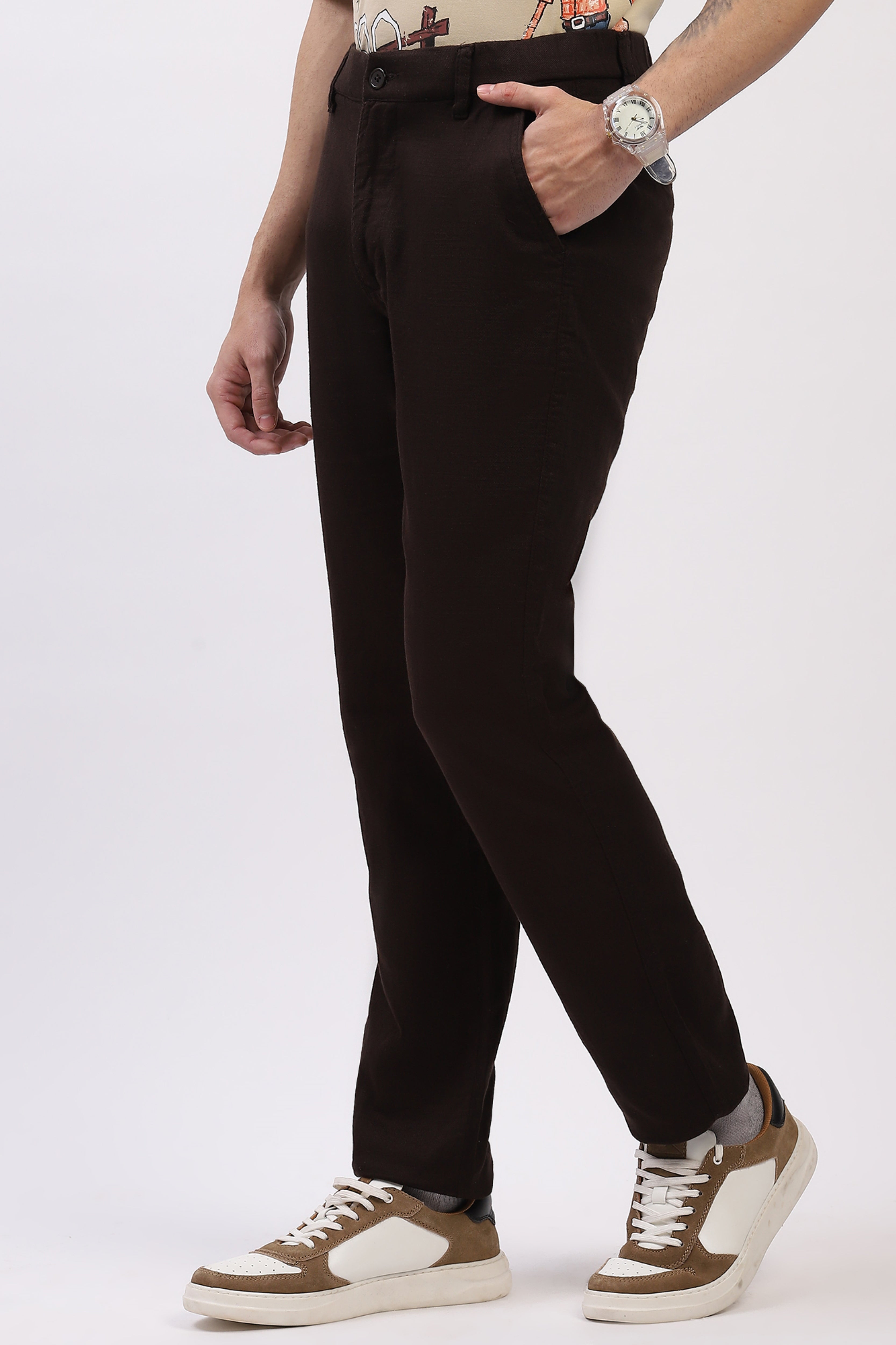 Coffee Brown Cotton Straight Fit Trouser