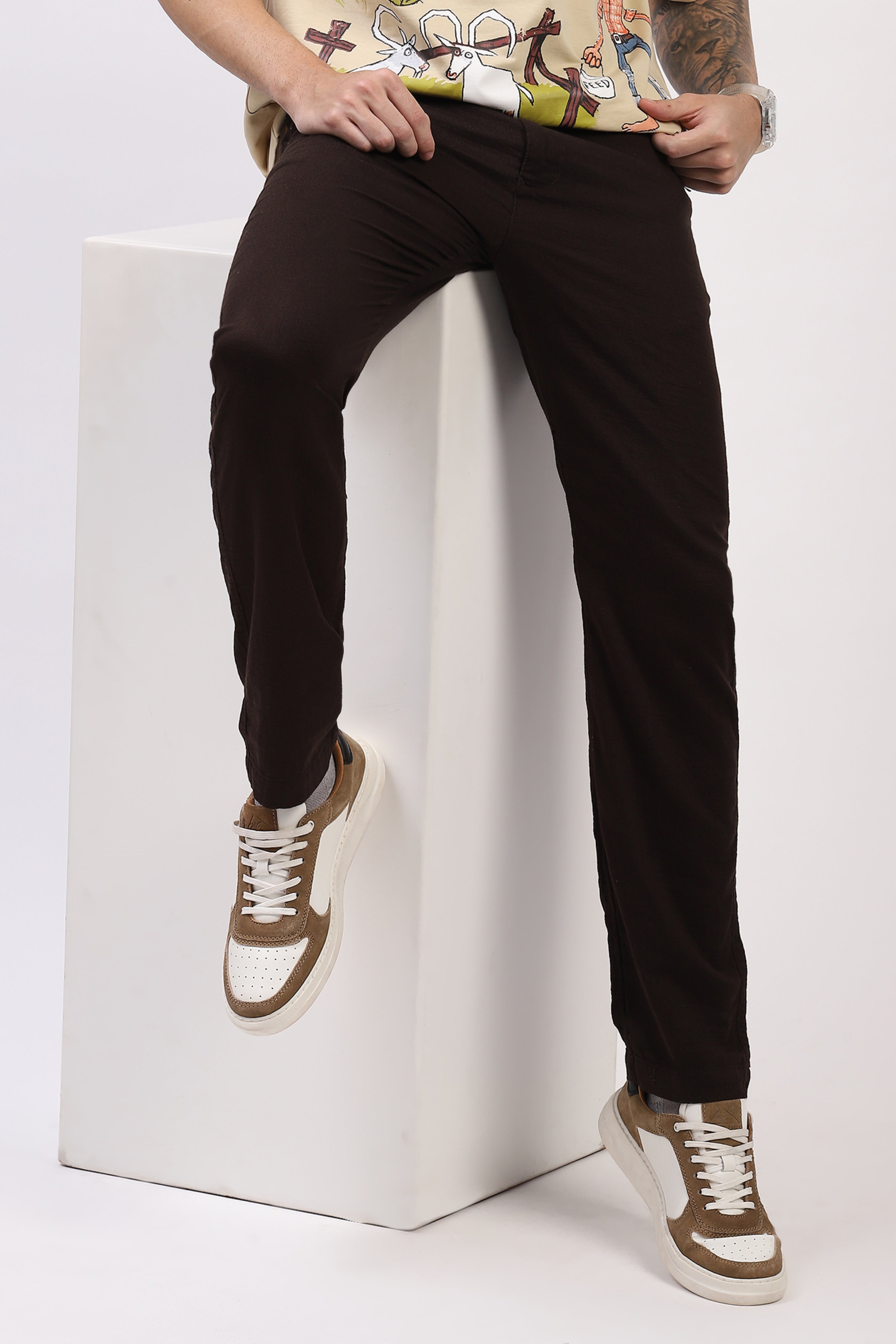 Coffee Brown Cotton Straight Fit Trouser
