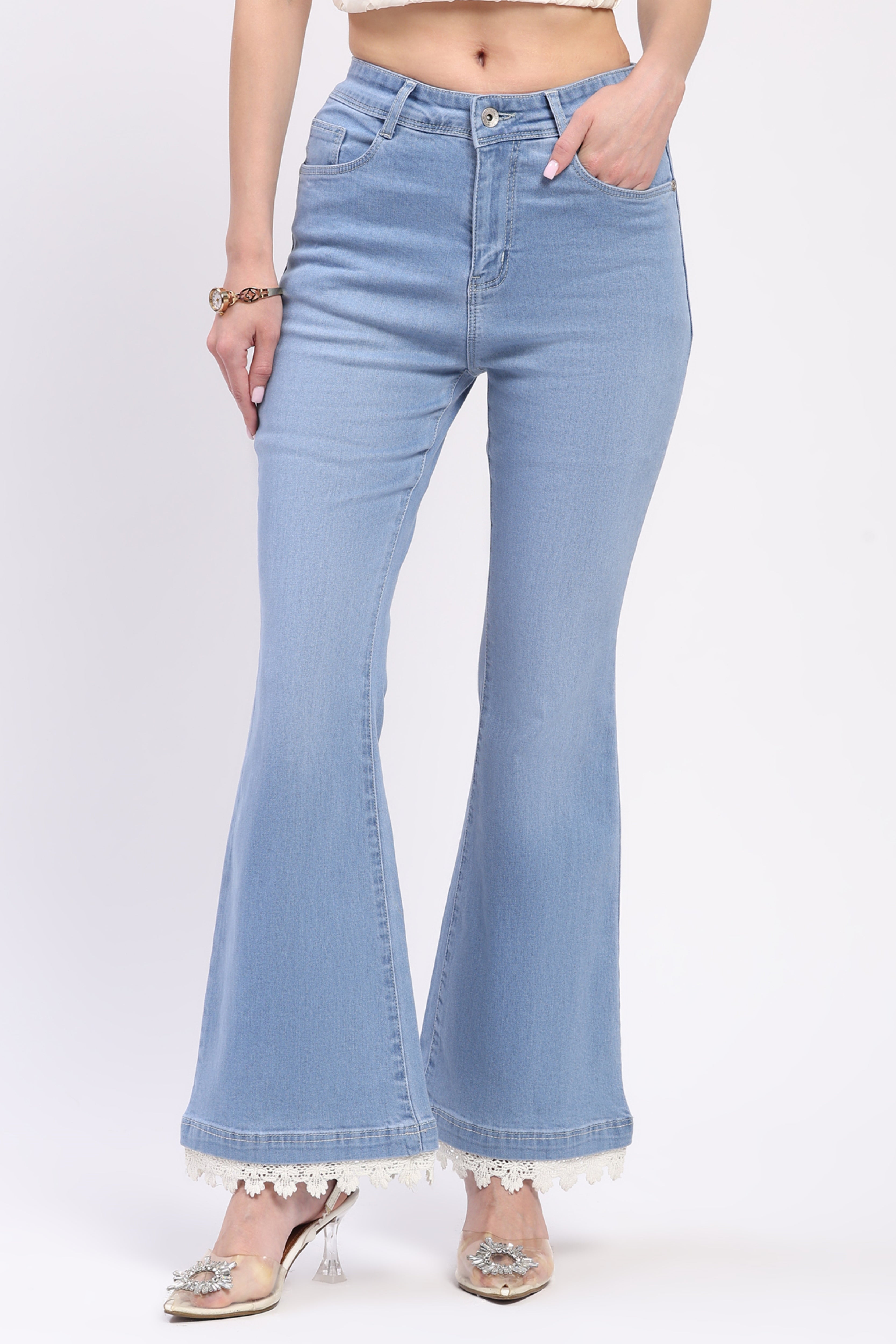 Light Blue Lace Detail Bootcut Jeans