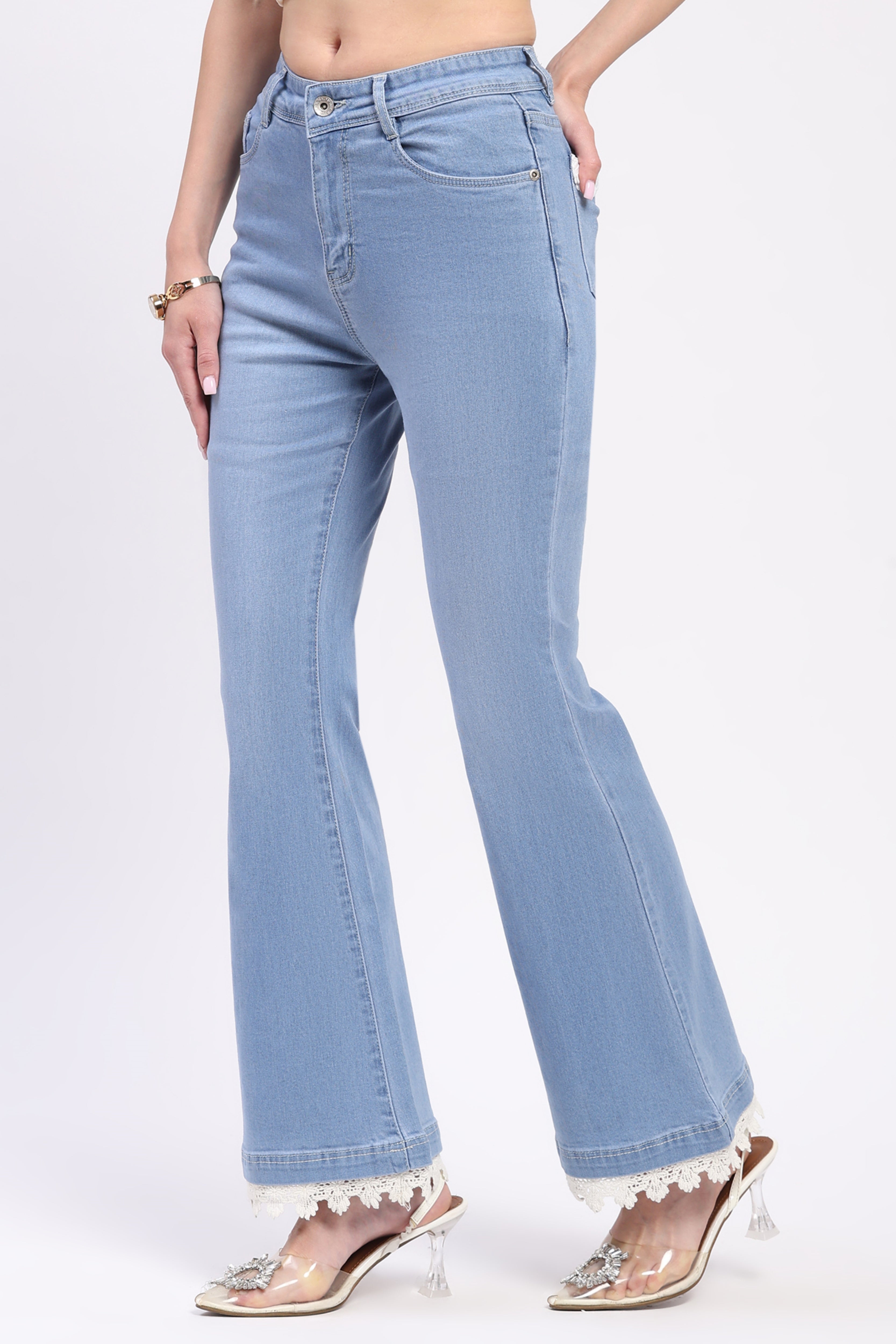Light Blue Lace Detail Bootcut Jeans