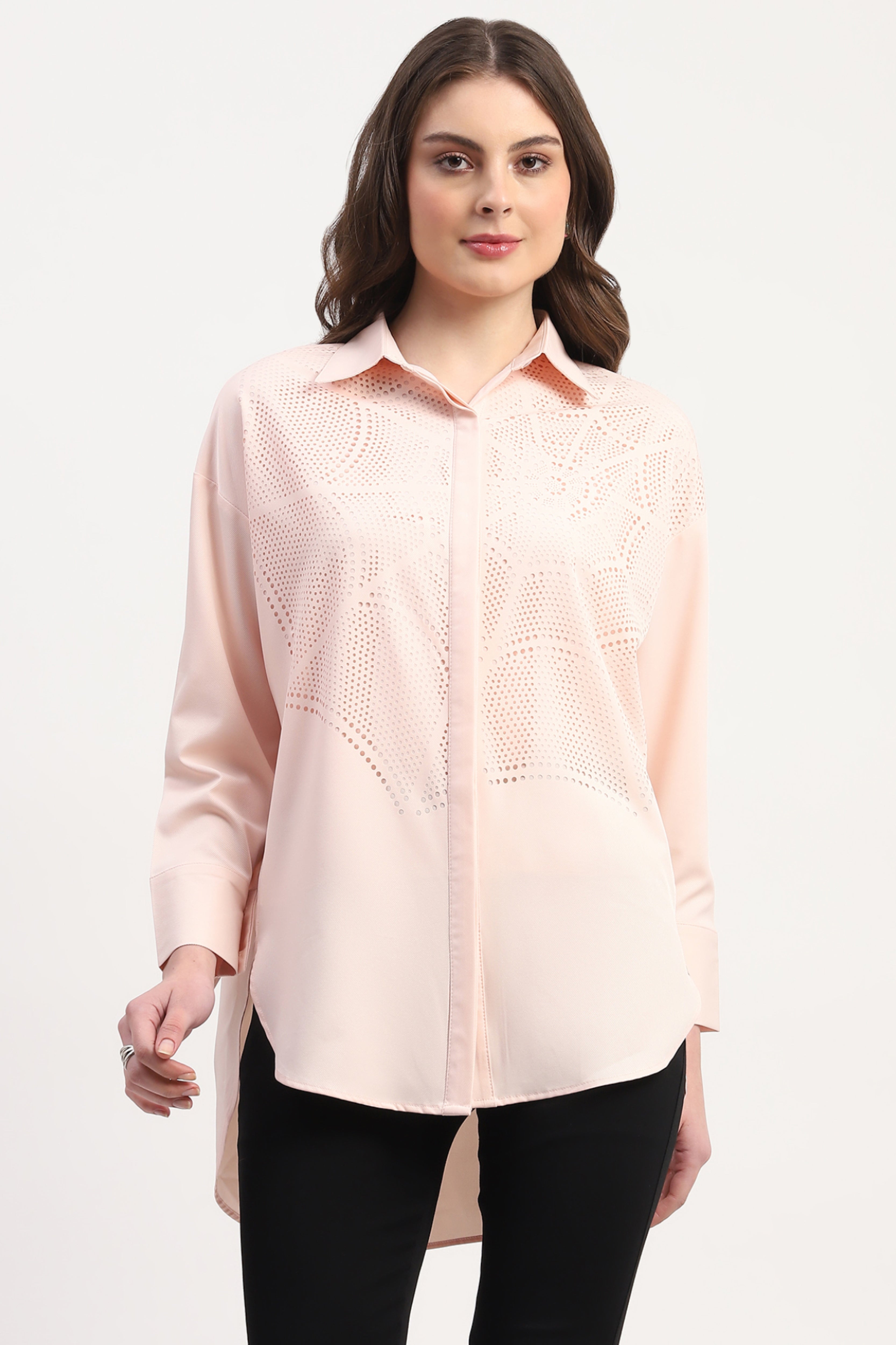 Pink Polyester Cut work Solid Shirt