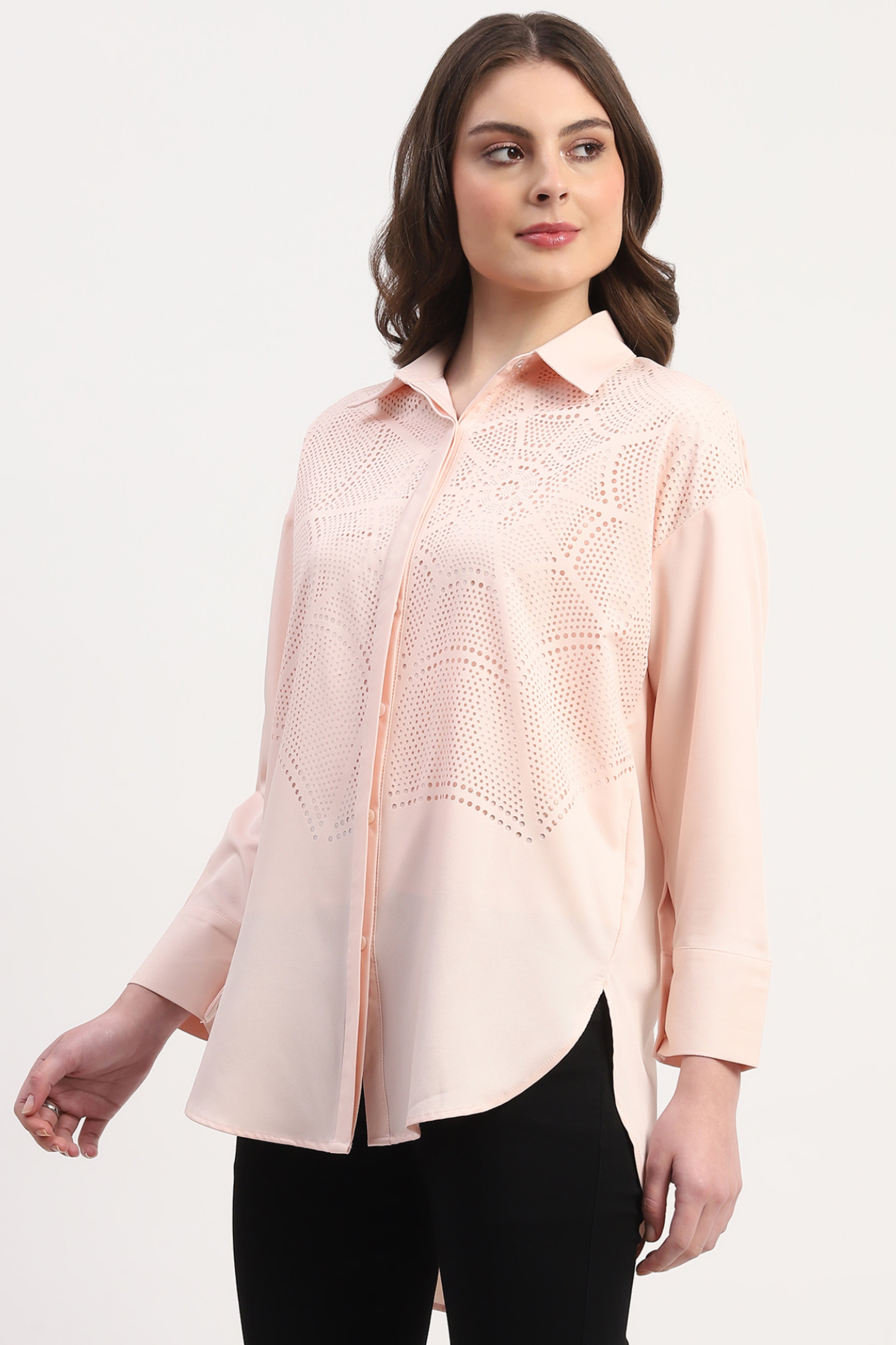 Pink Polyester Cut work Solid Shirt