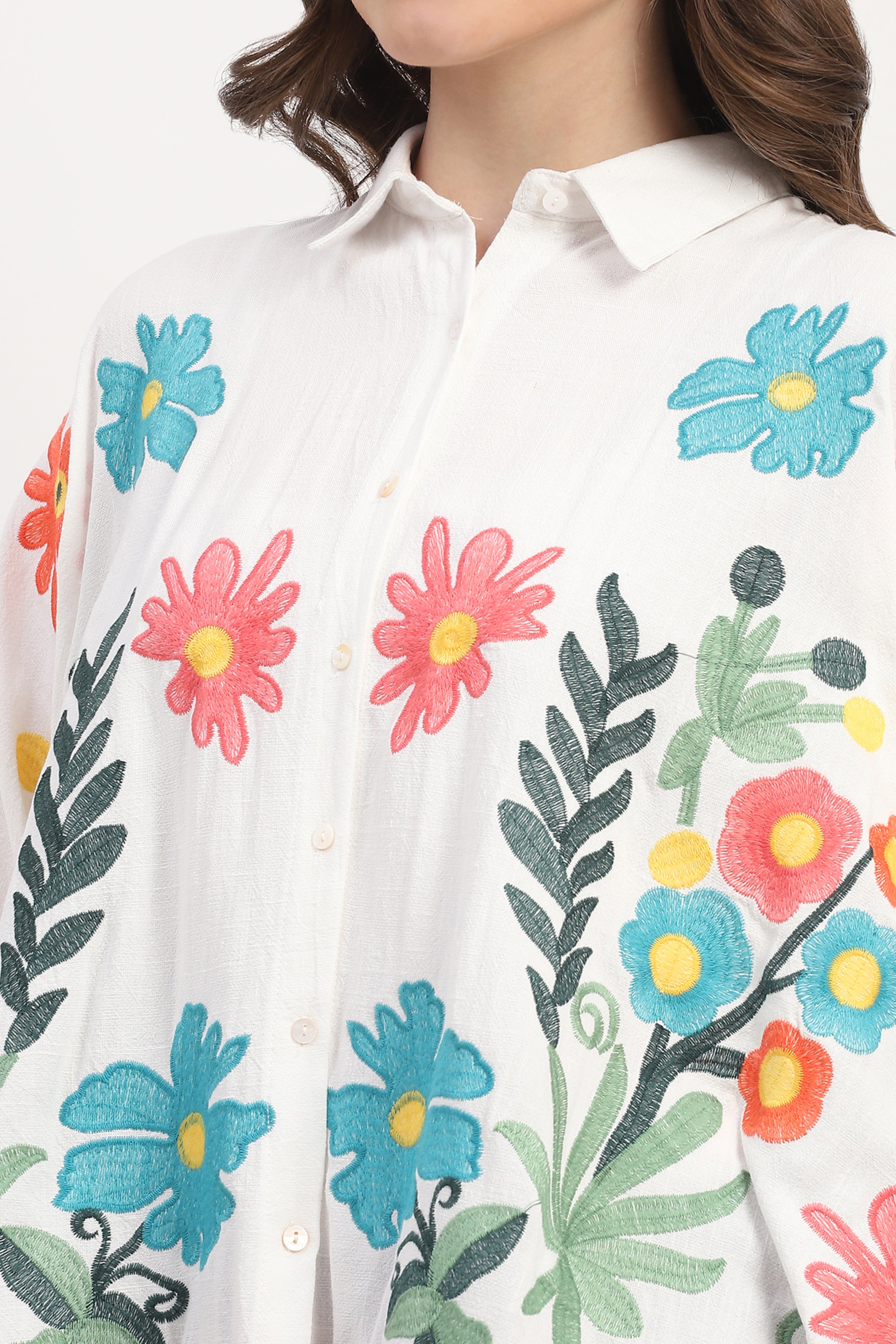 White Cotton Floral Embroidery Tunic