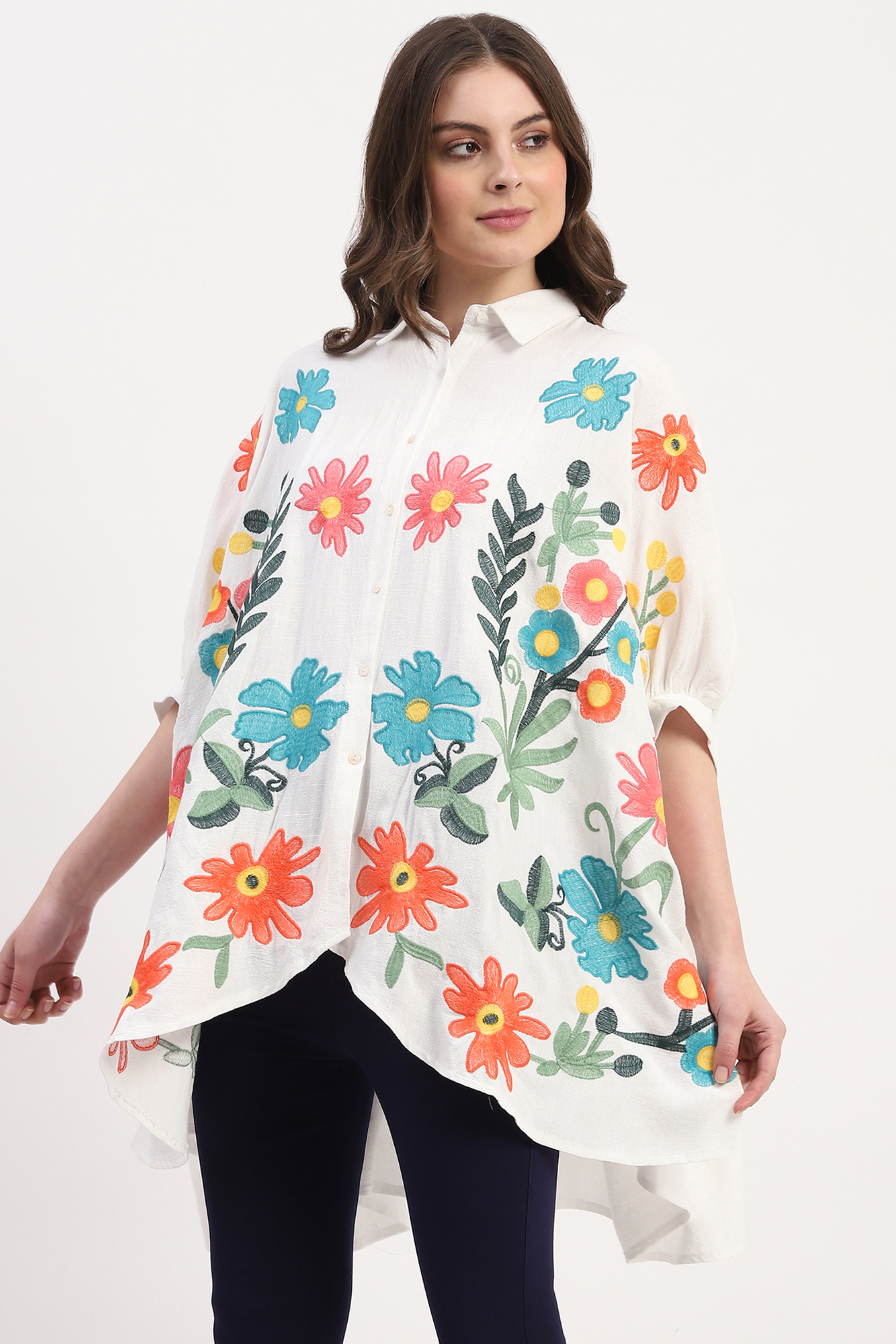 White Cotton Floral Embroidery Tunic