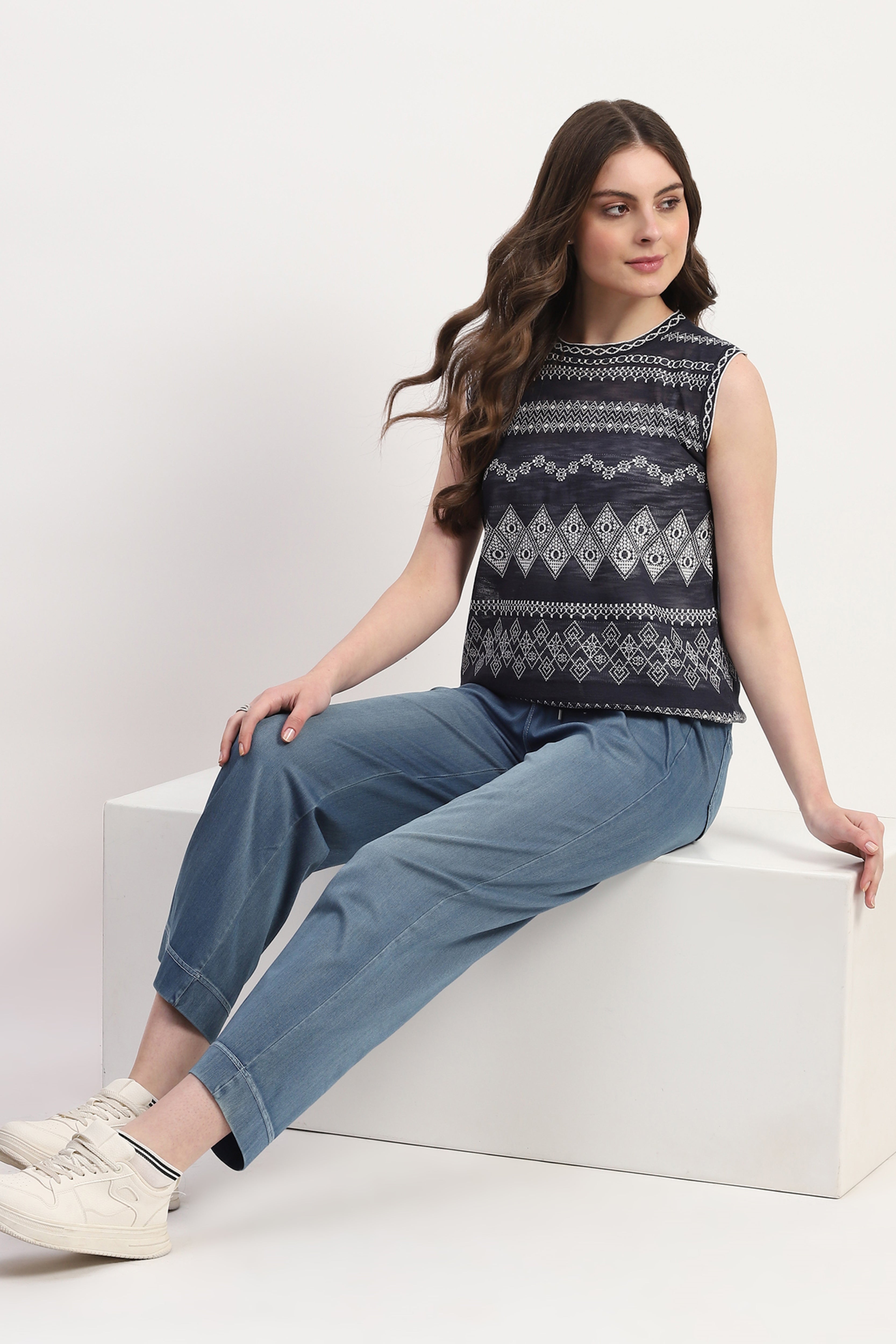 Navy Viscose Blend Woven Top