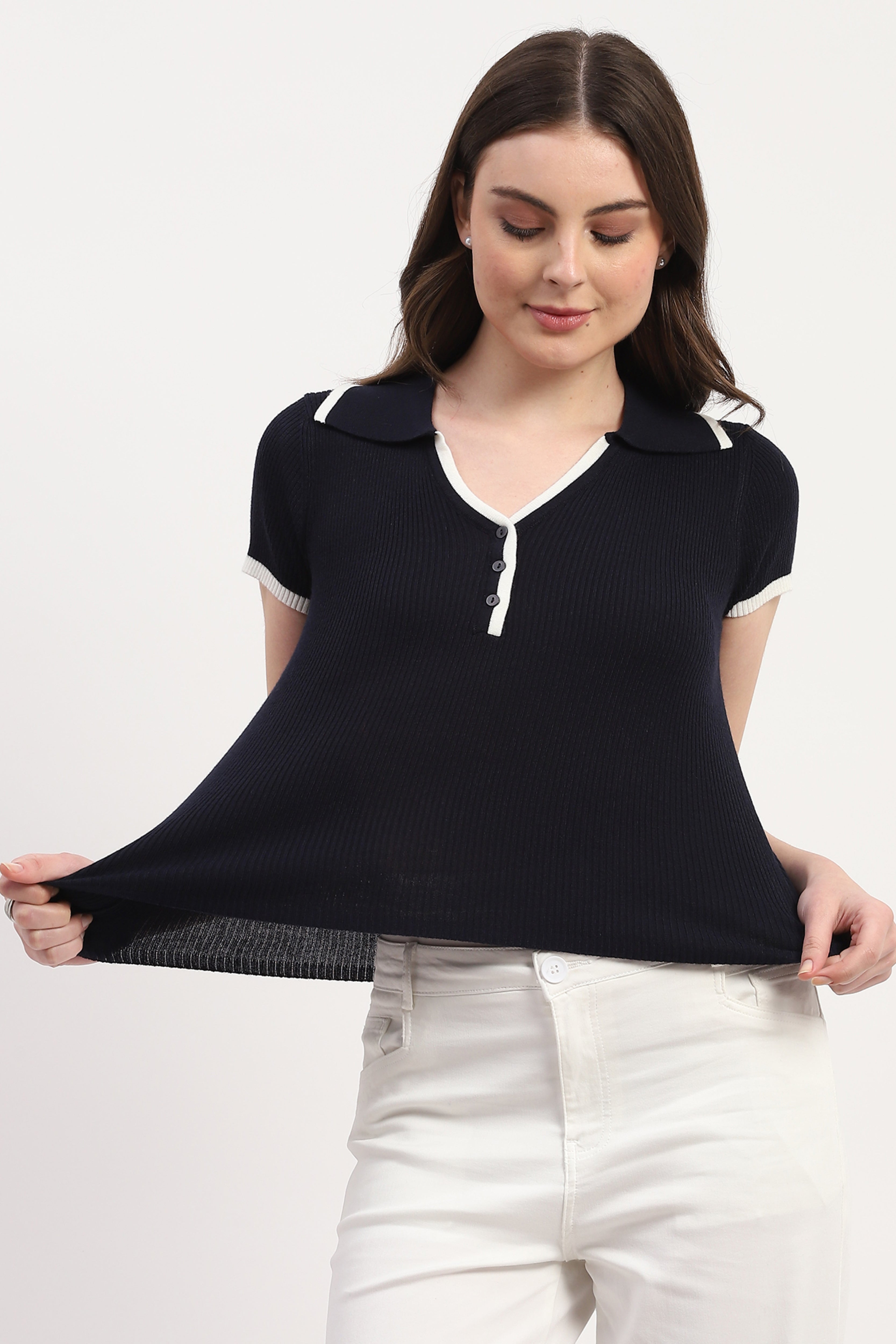 Navy Viscose Nylon Knitted Top