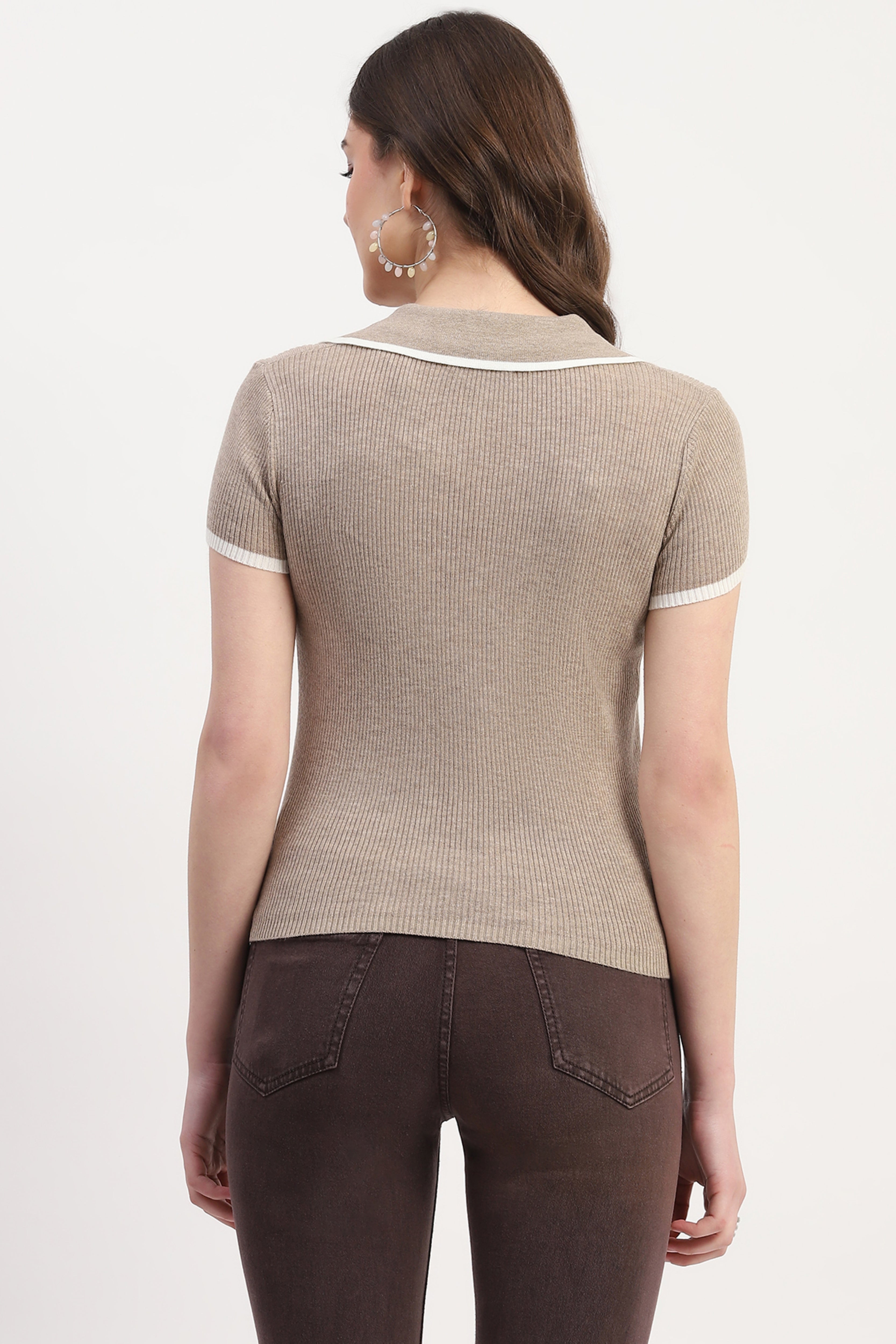 Beige Viscose Nylon Knitted Top