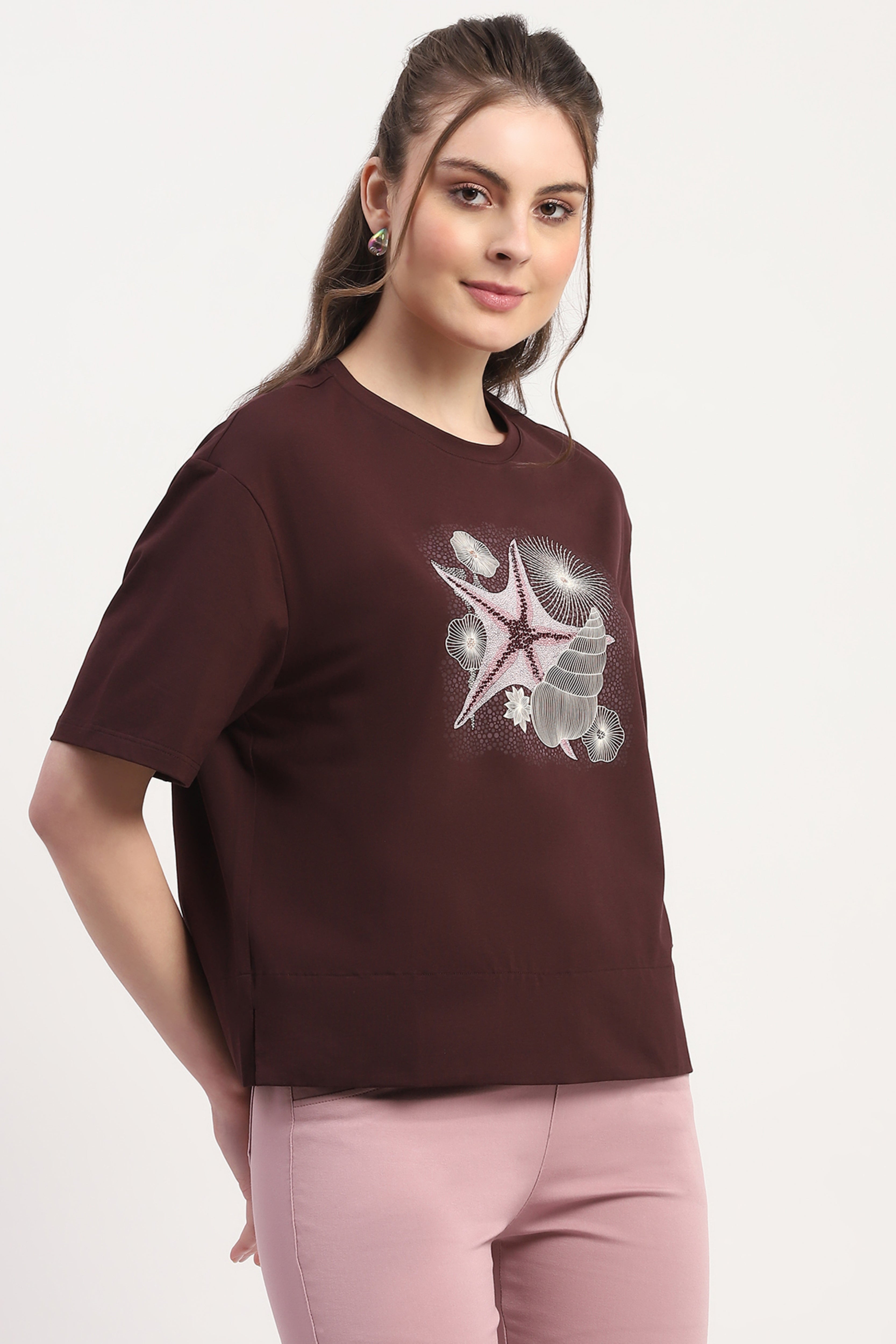 Wine Printed & Embellished Top