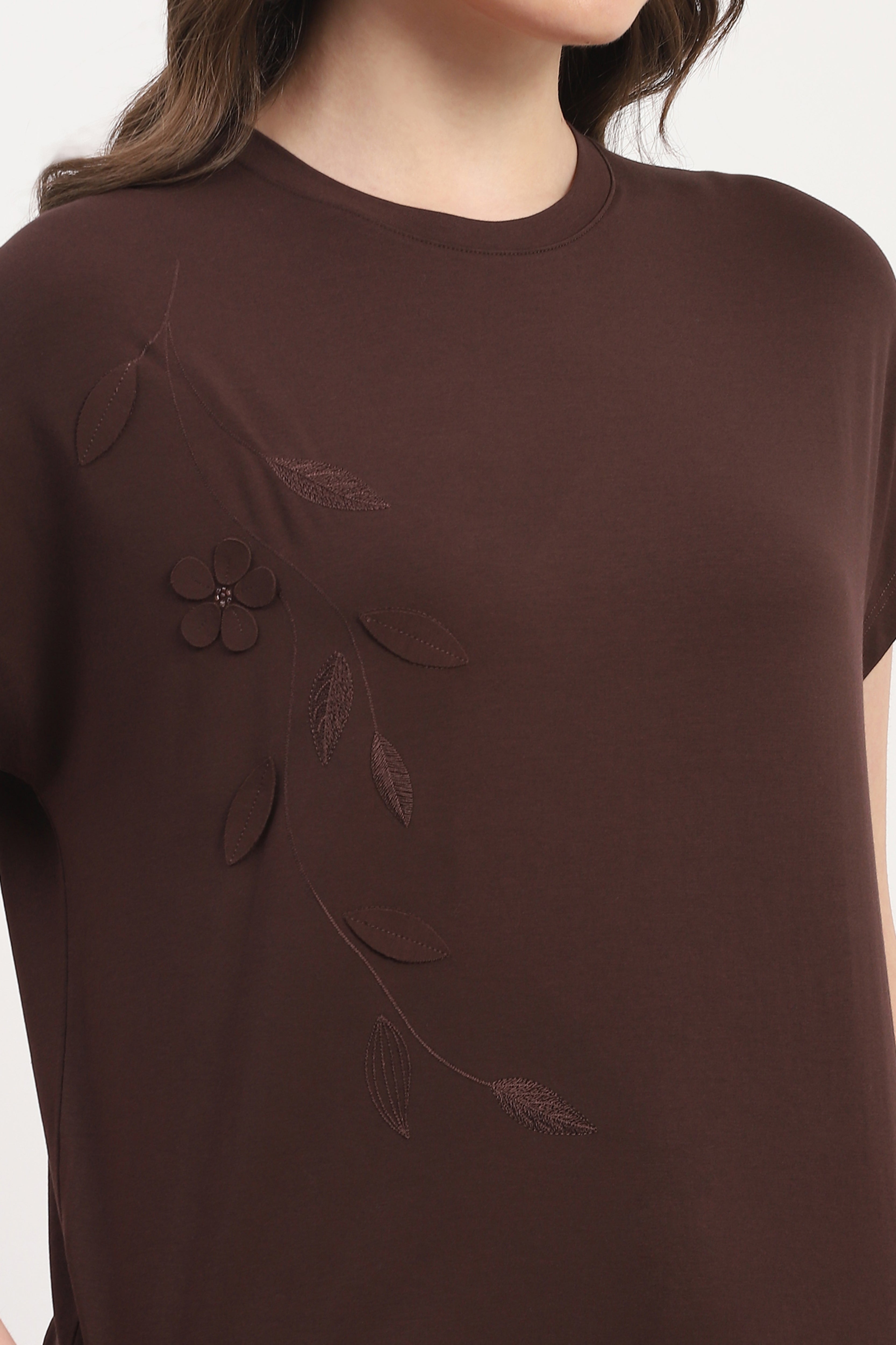 Brown Modal Blend Applique & Embroidery Top