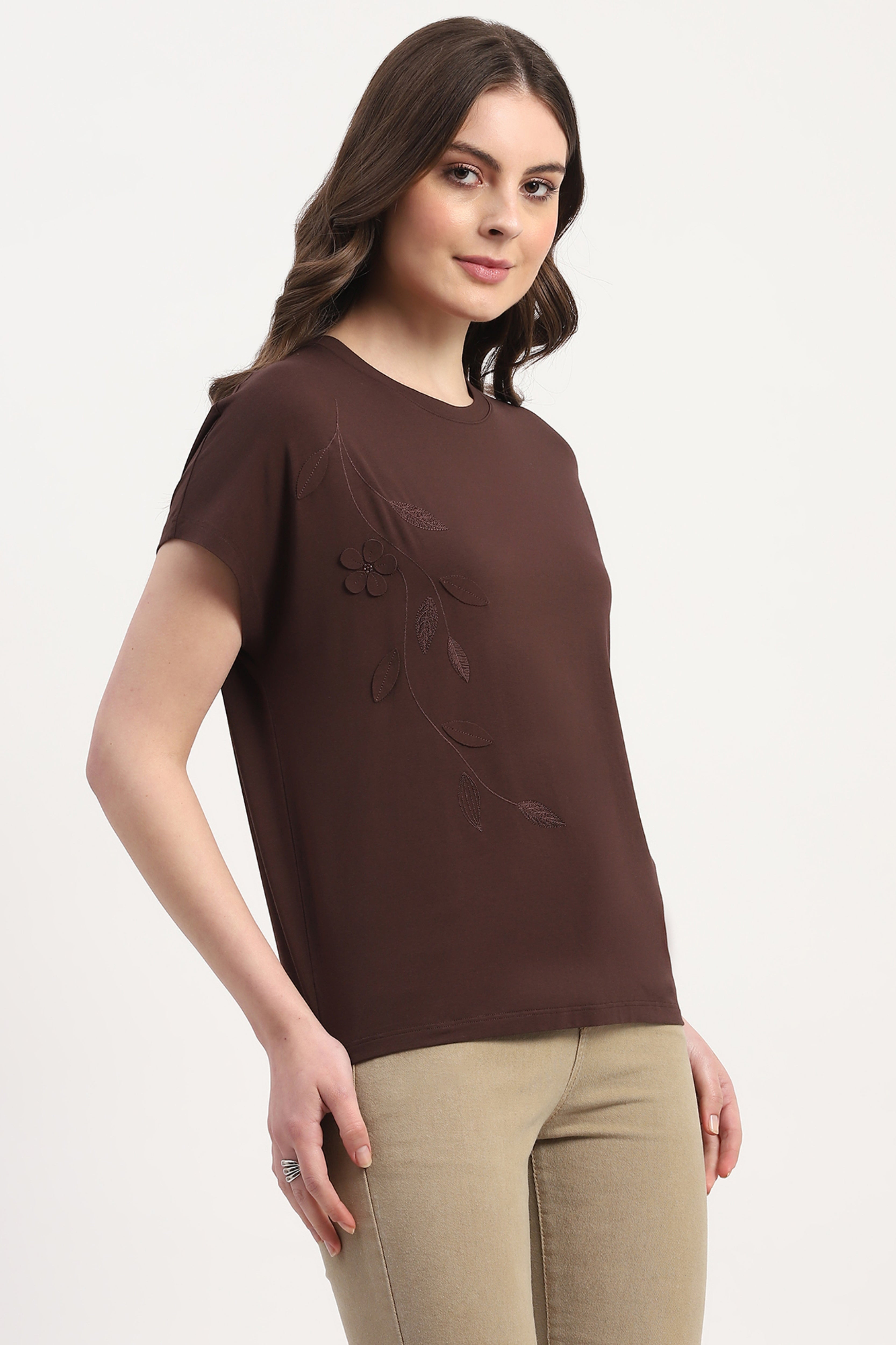 Brown Modal Blend Applique & Embroidery Top