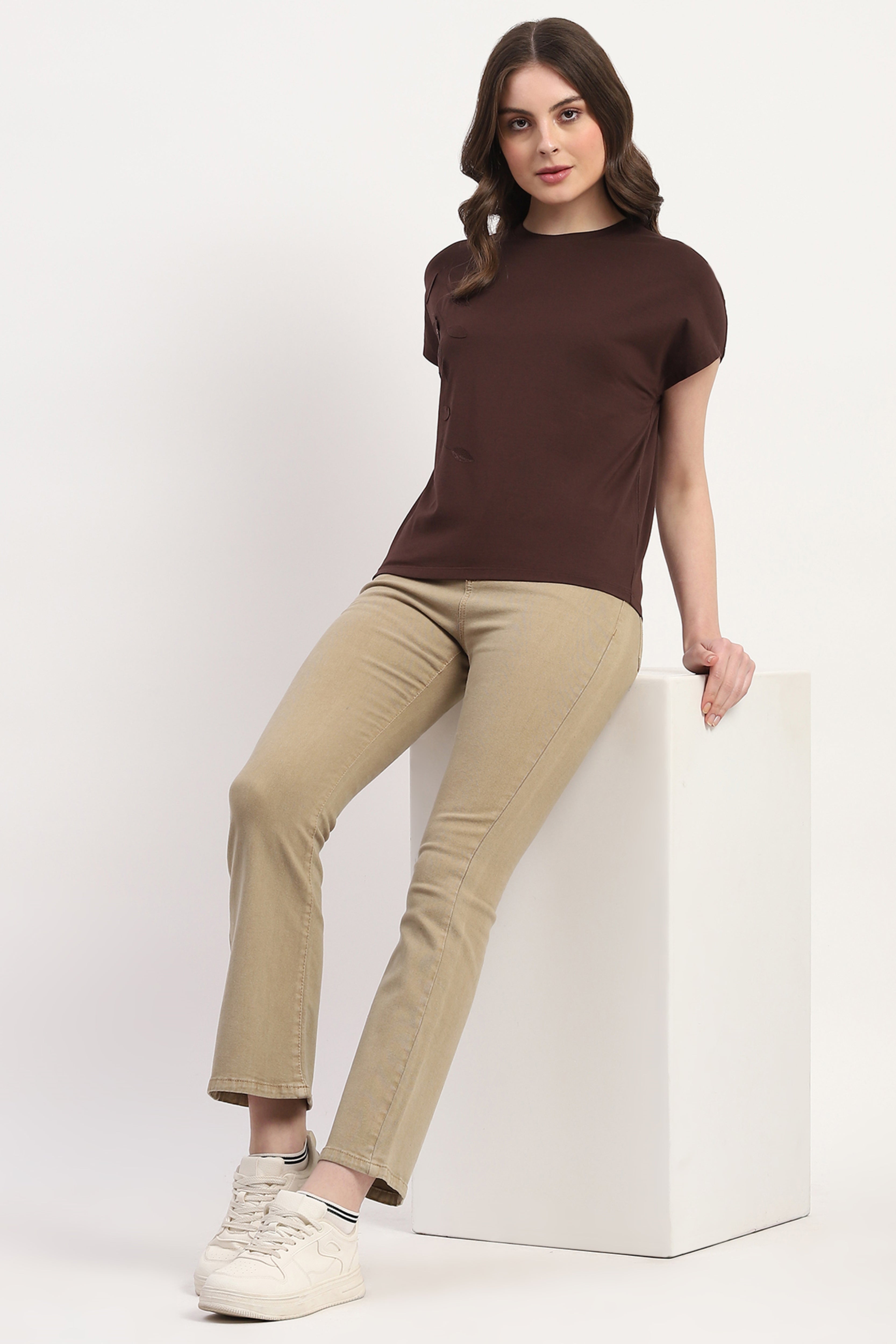 Brown Modal Blend Applique & Embroidery Top