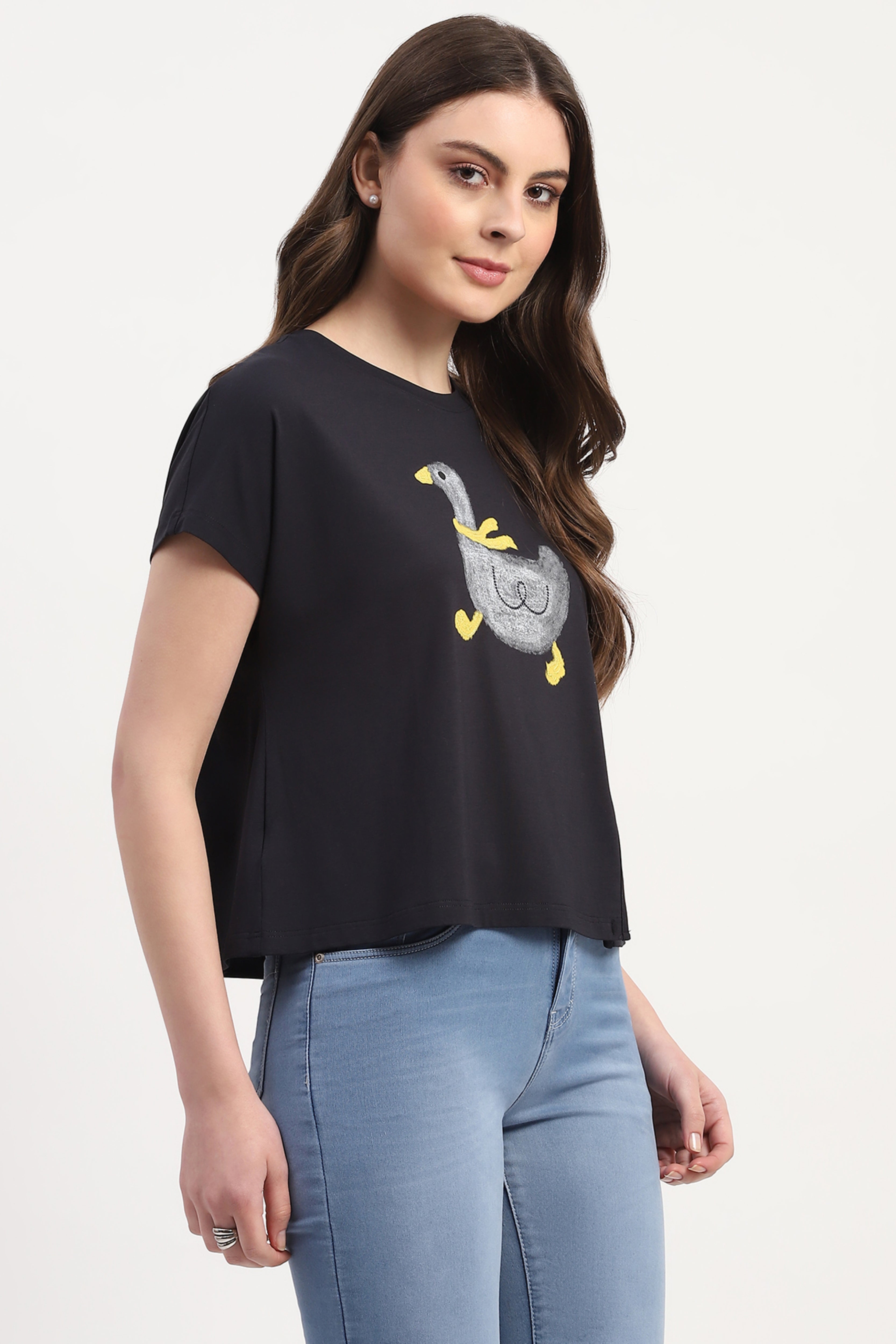 Navy Modal Blend Printed & Embellishment Top