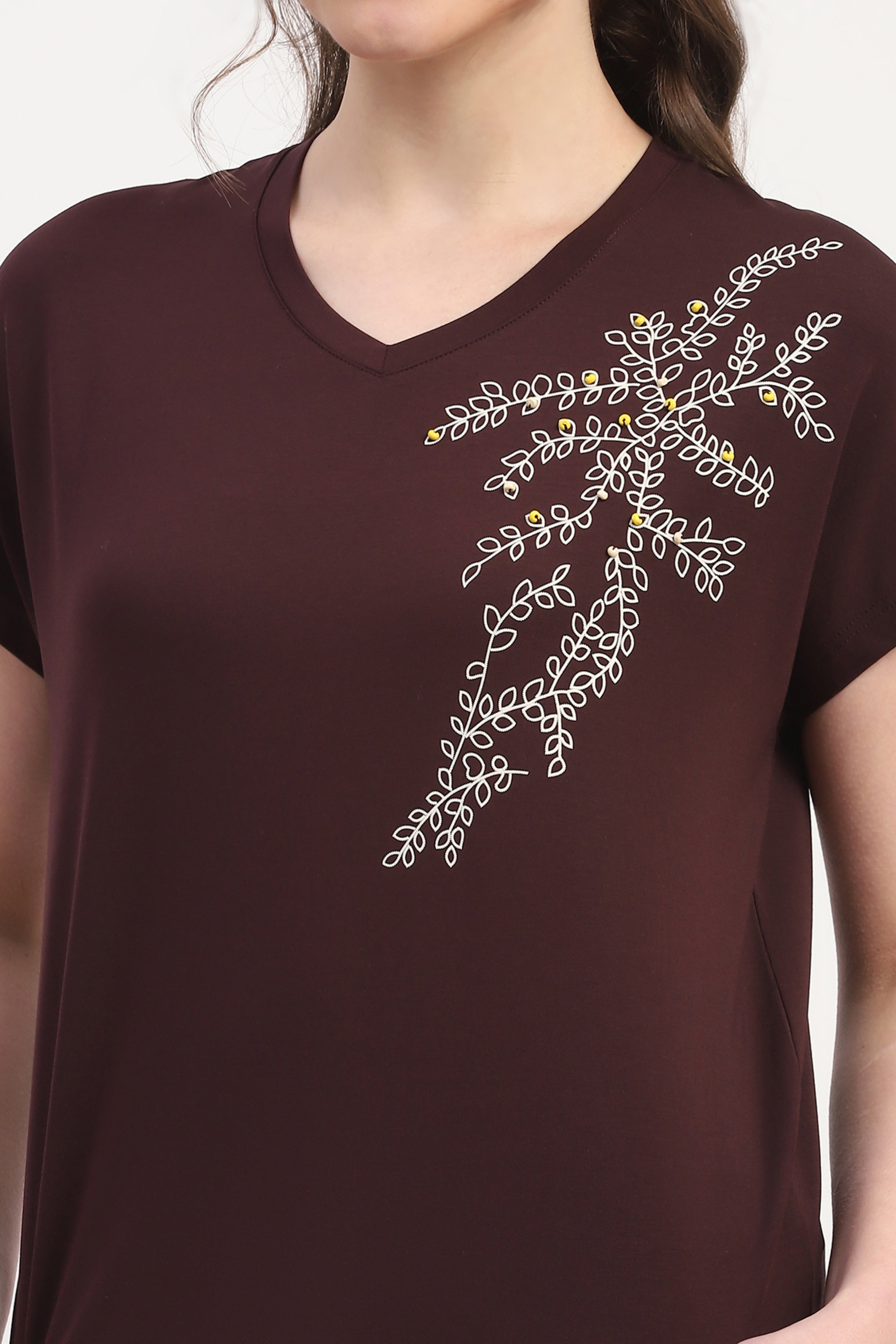 Wine Modal Blend Embossed Print & Bead Embellishment Top