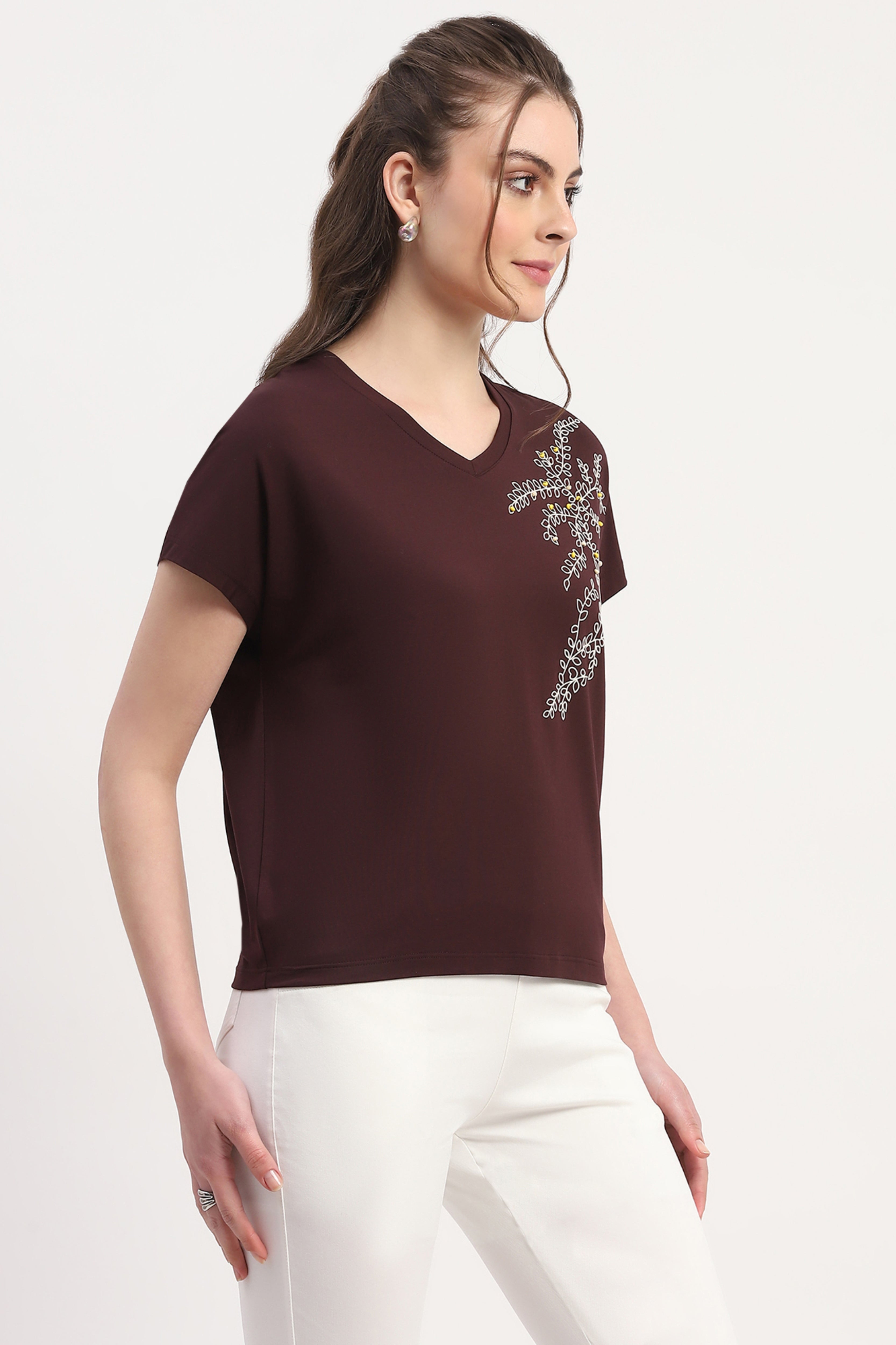 Wine Modal Blend Embossed Print & Bead Embellishment Top