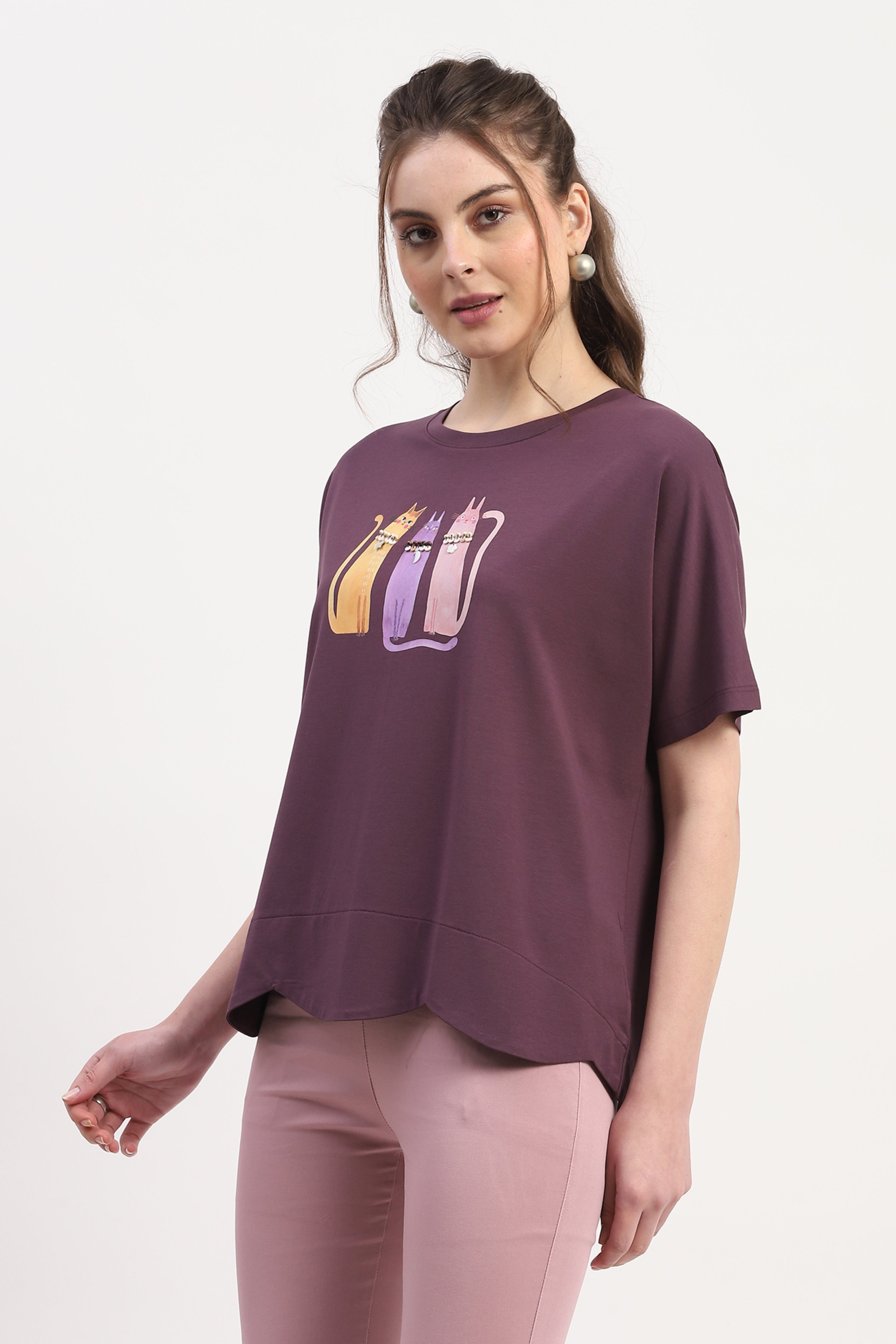 Purple Modal Blend Printed & Embellishment Top