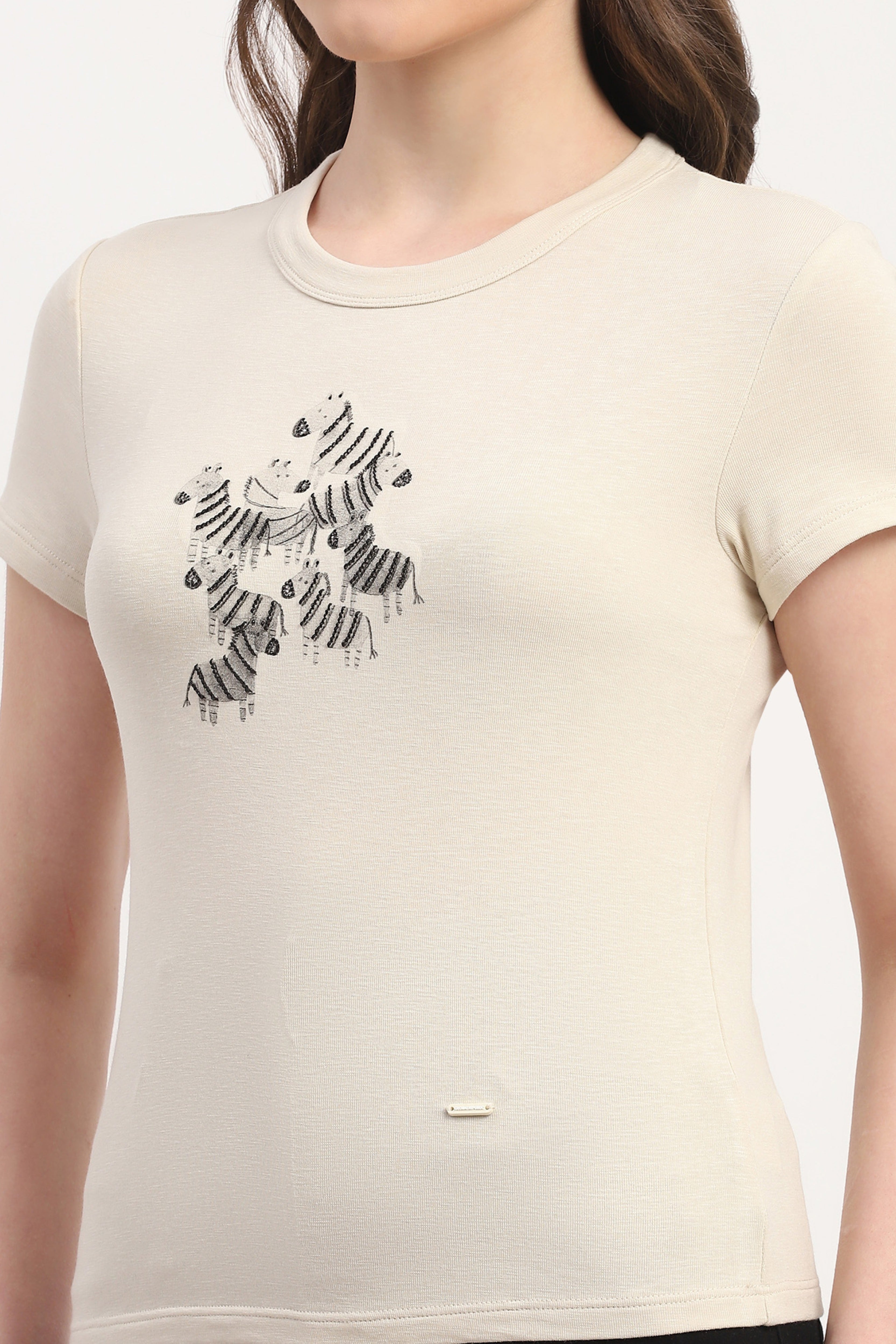 Ivory Modal Blend Printed & Embellishment Top