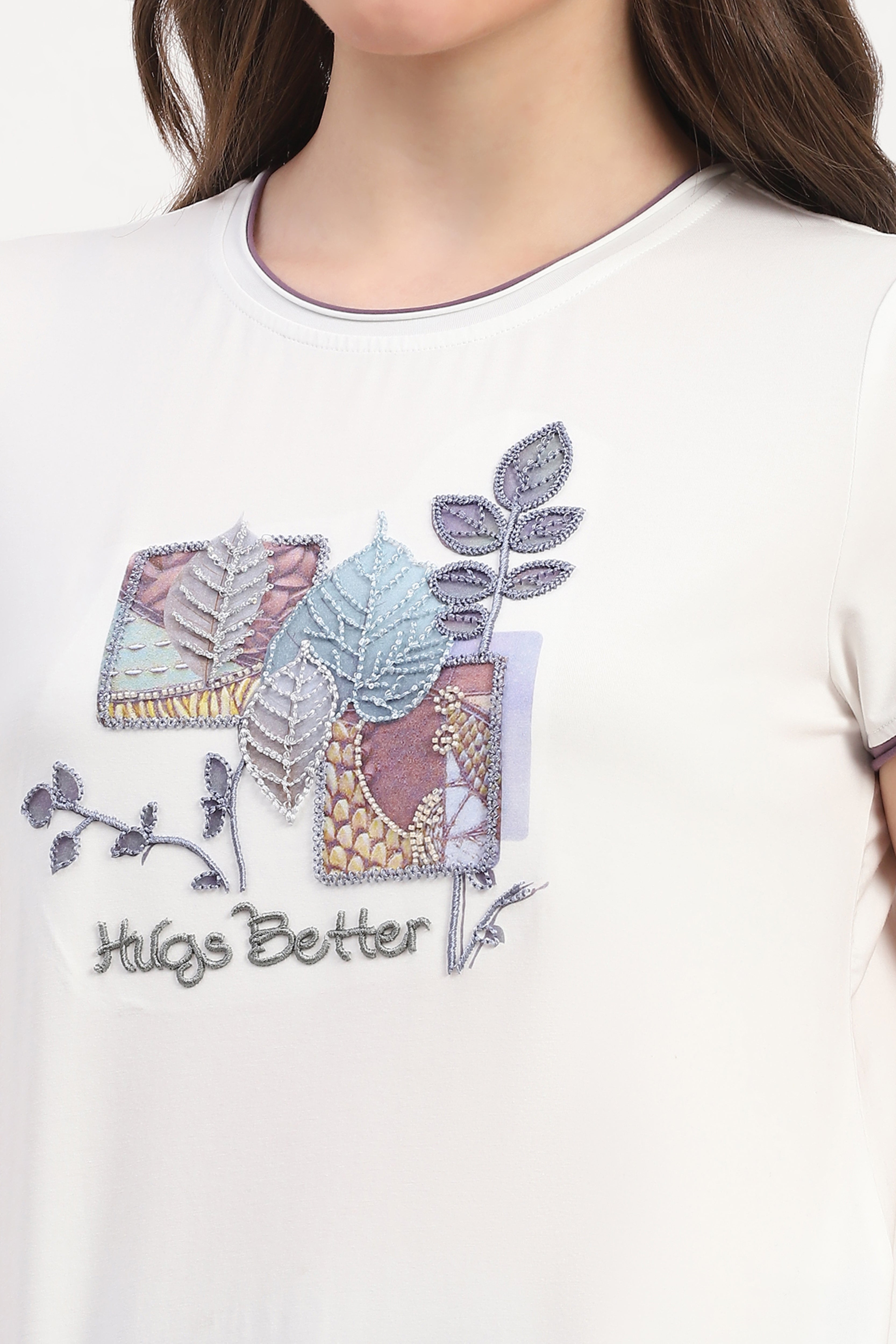 White Modal Spandex Printed & Embroidered Top