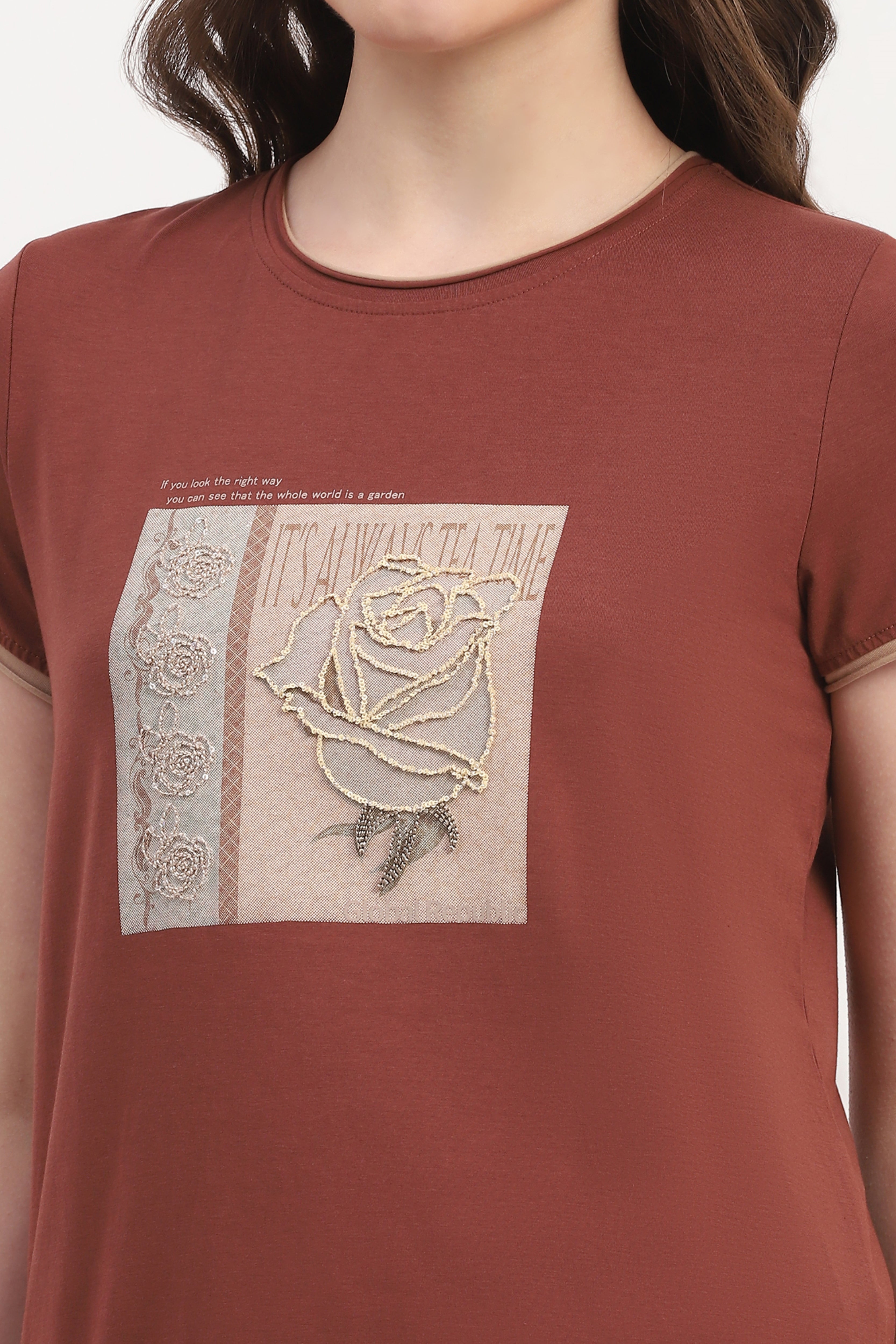 Brown Modal Spandex Printed & Embroidered Top