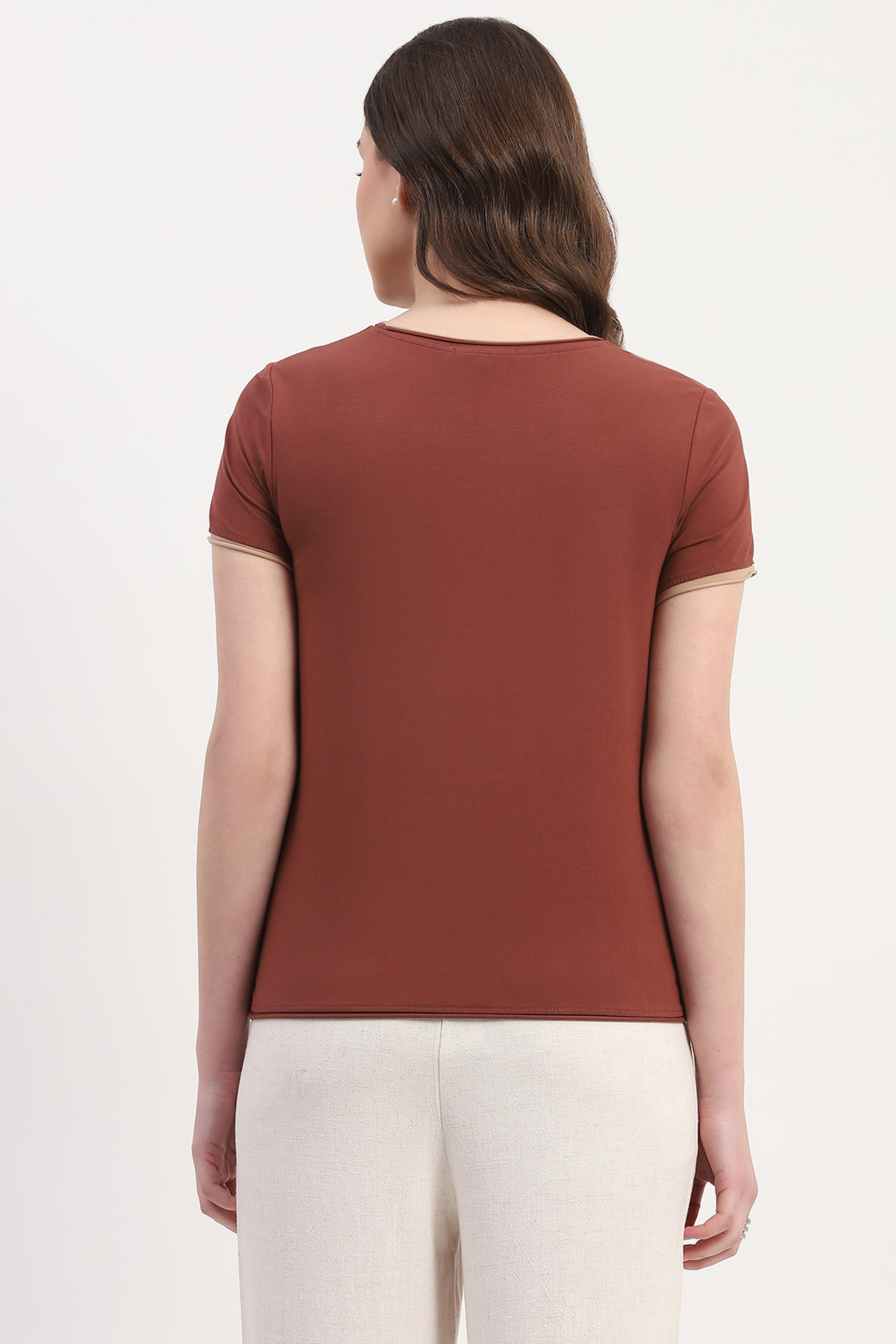 Brown Modal Spandex Printed & Embroidered Top