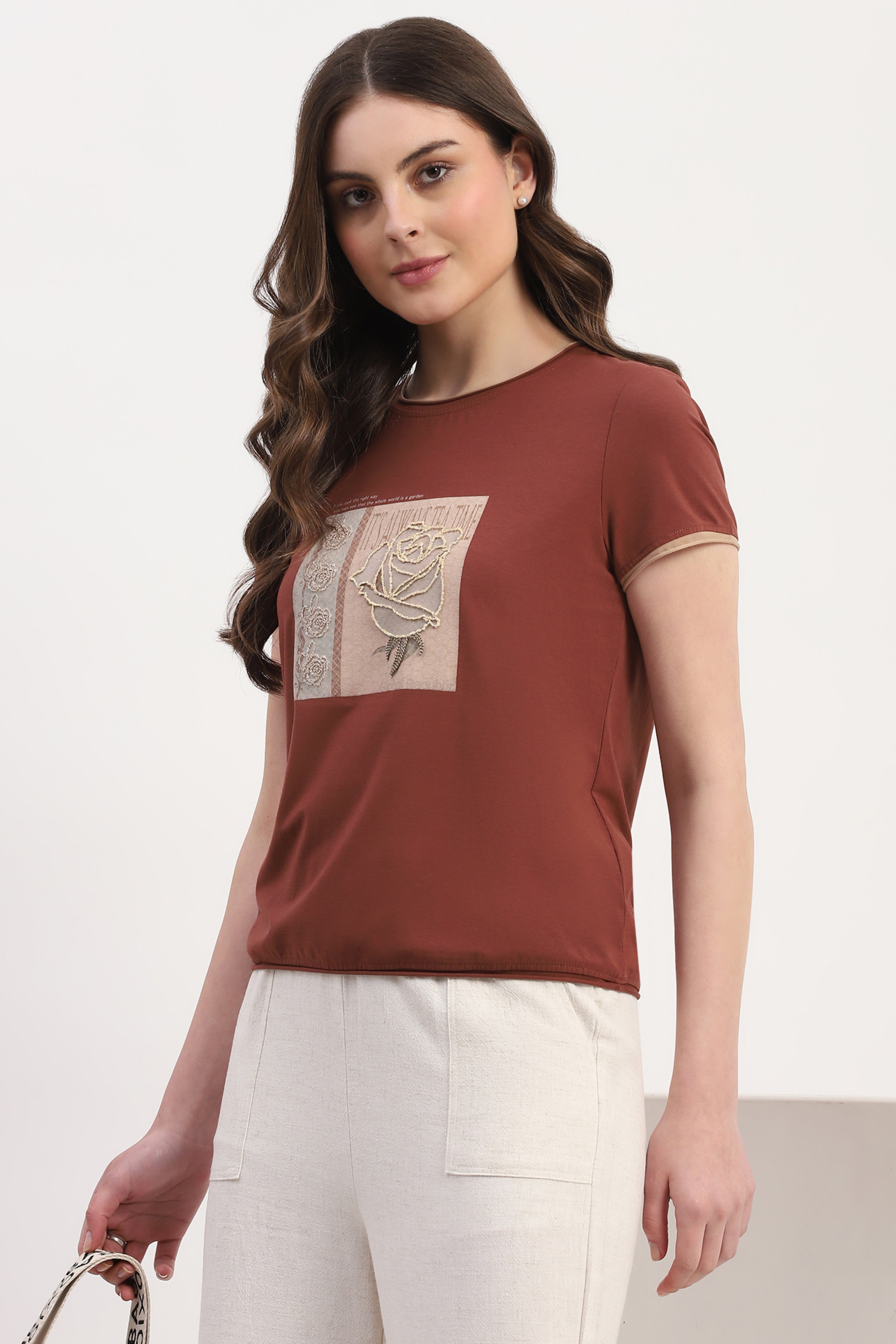 Brown Modal Spandex Printed & Embroidered Top