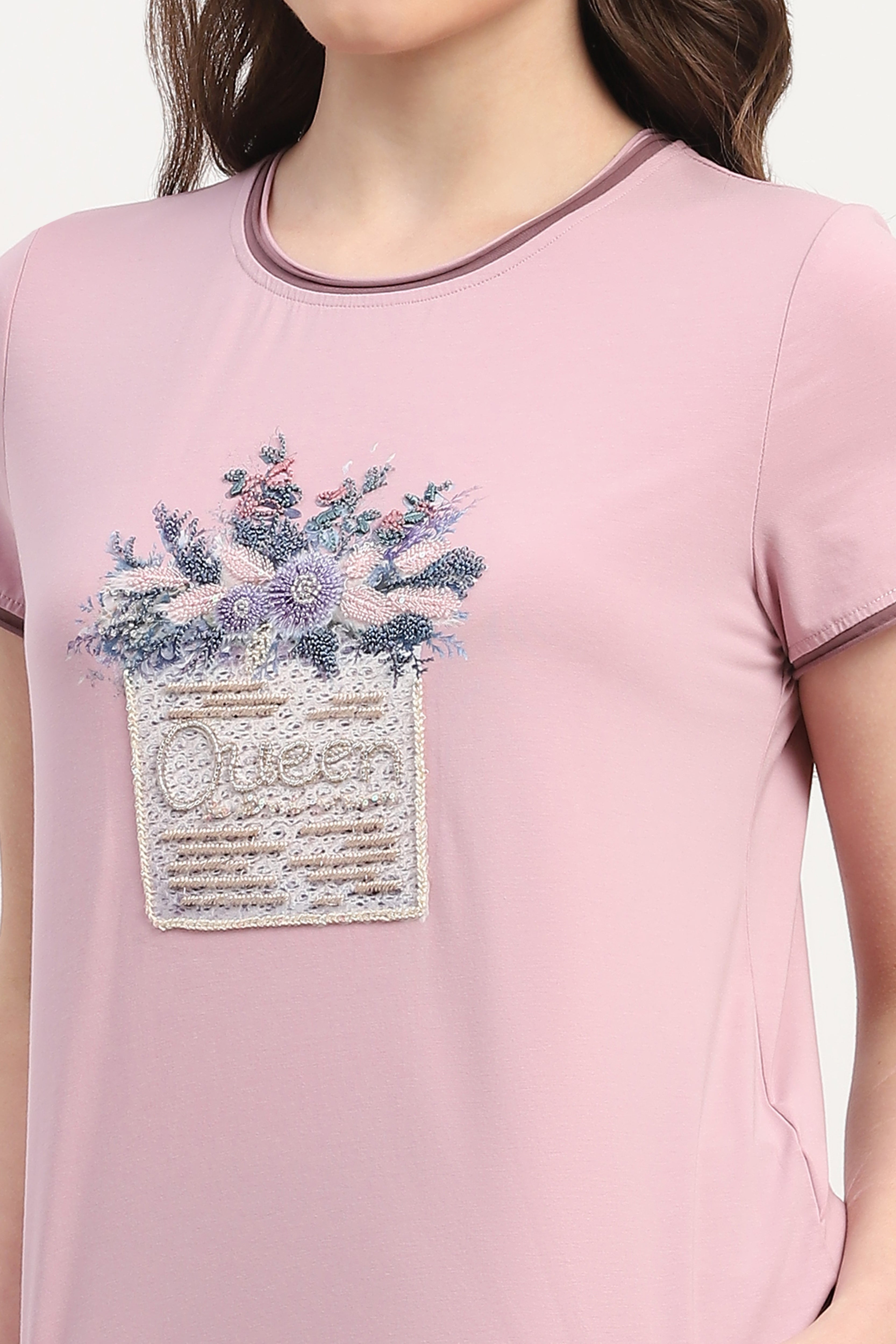 Pink Modal Spandex Printed & Embroidered Top