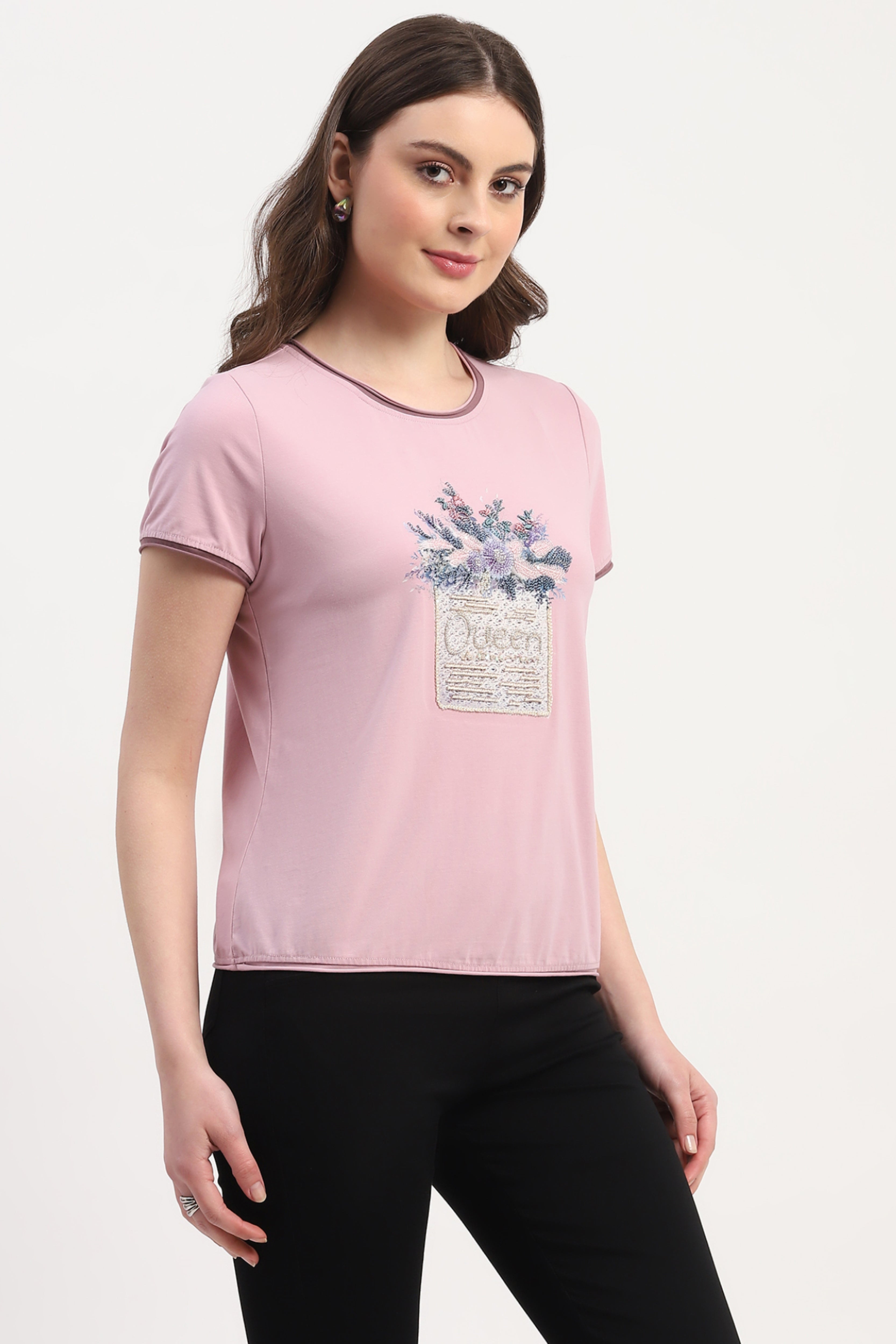 Pink Modal Spandex Printed & Embroidered Top