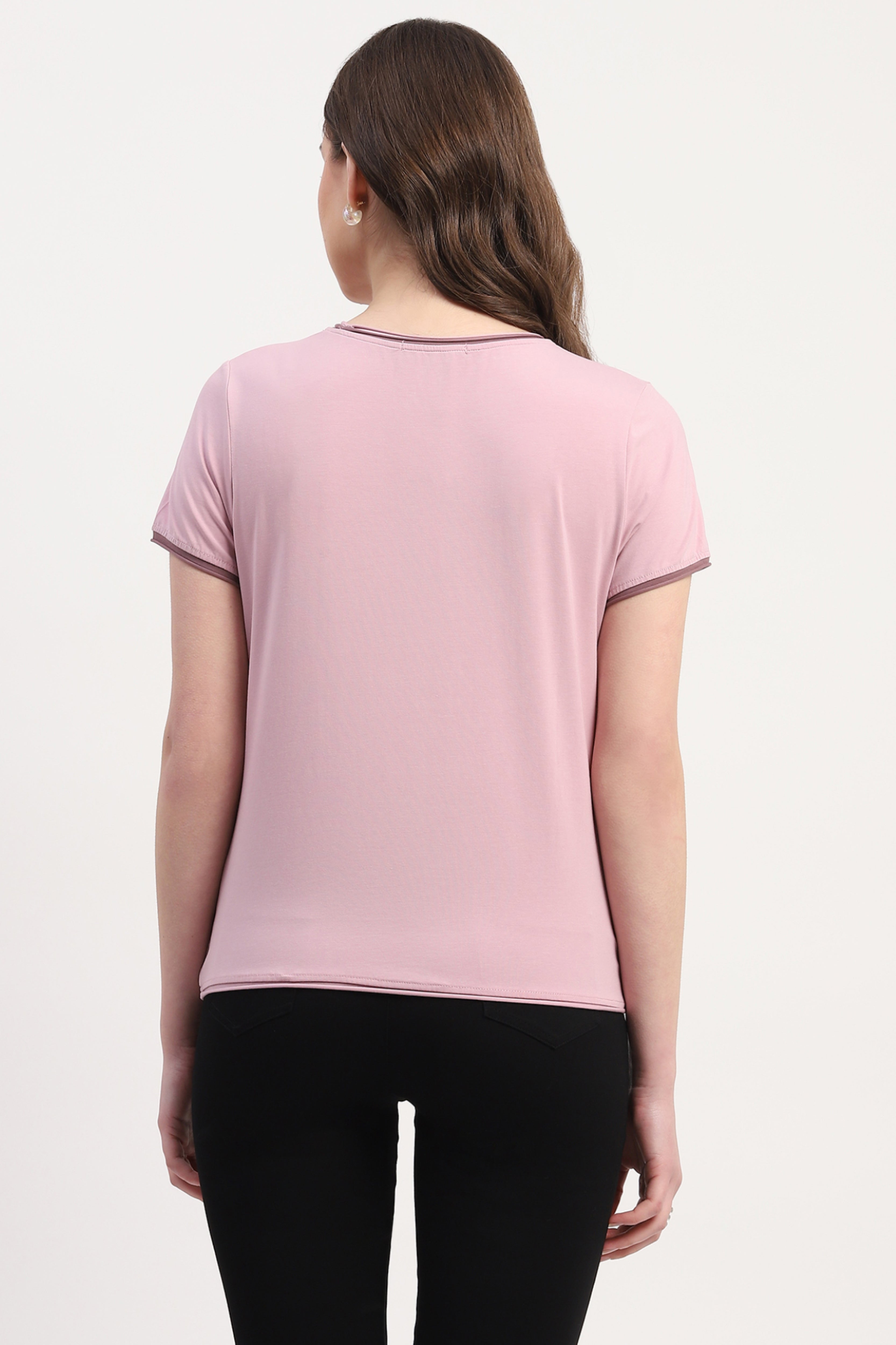 Pink Modal Spandex Printed & Embroidered Top