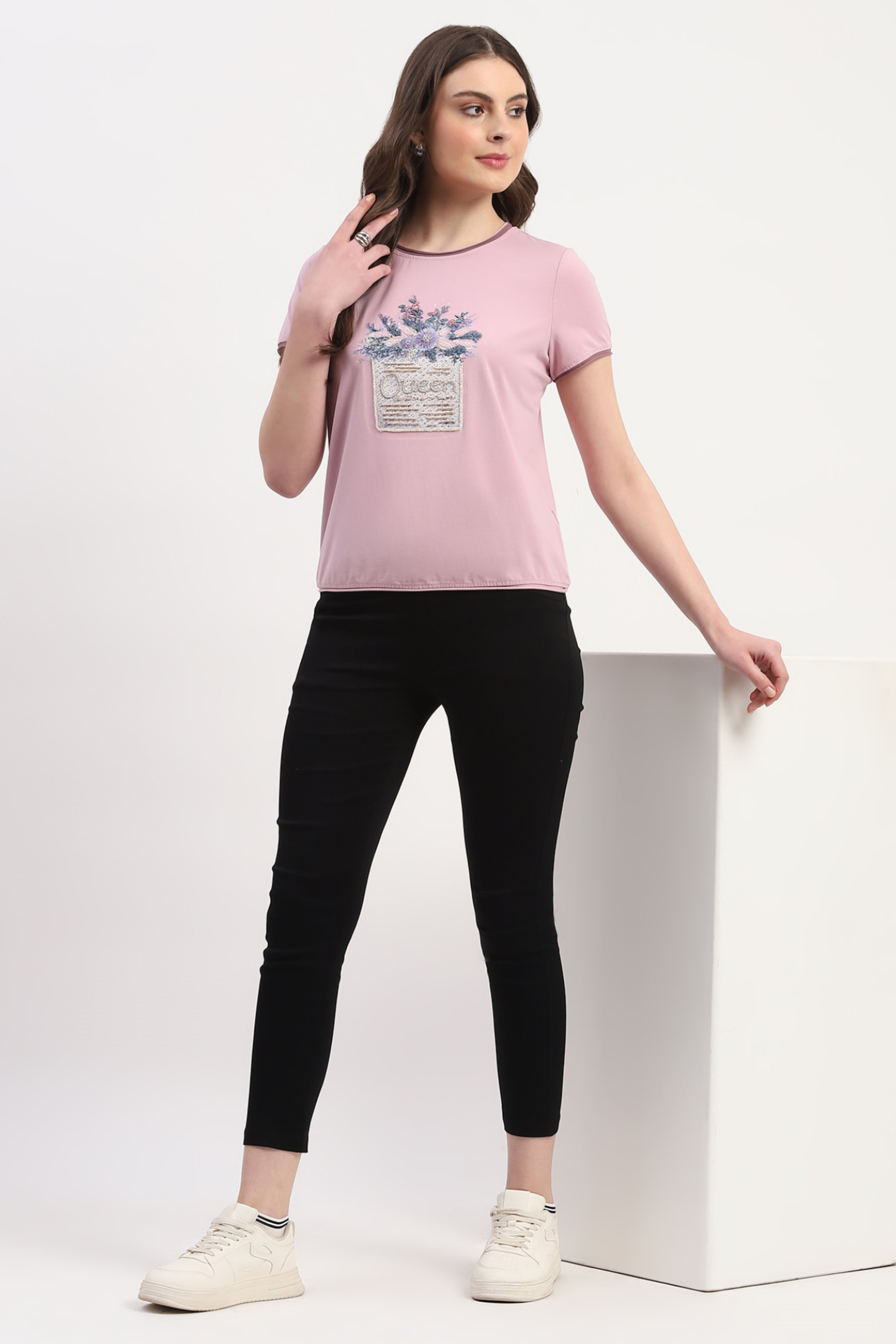 Pink Modal Spandex Printed & Embroidered Top