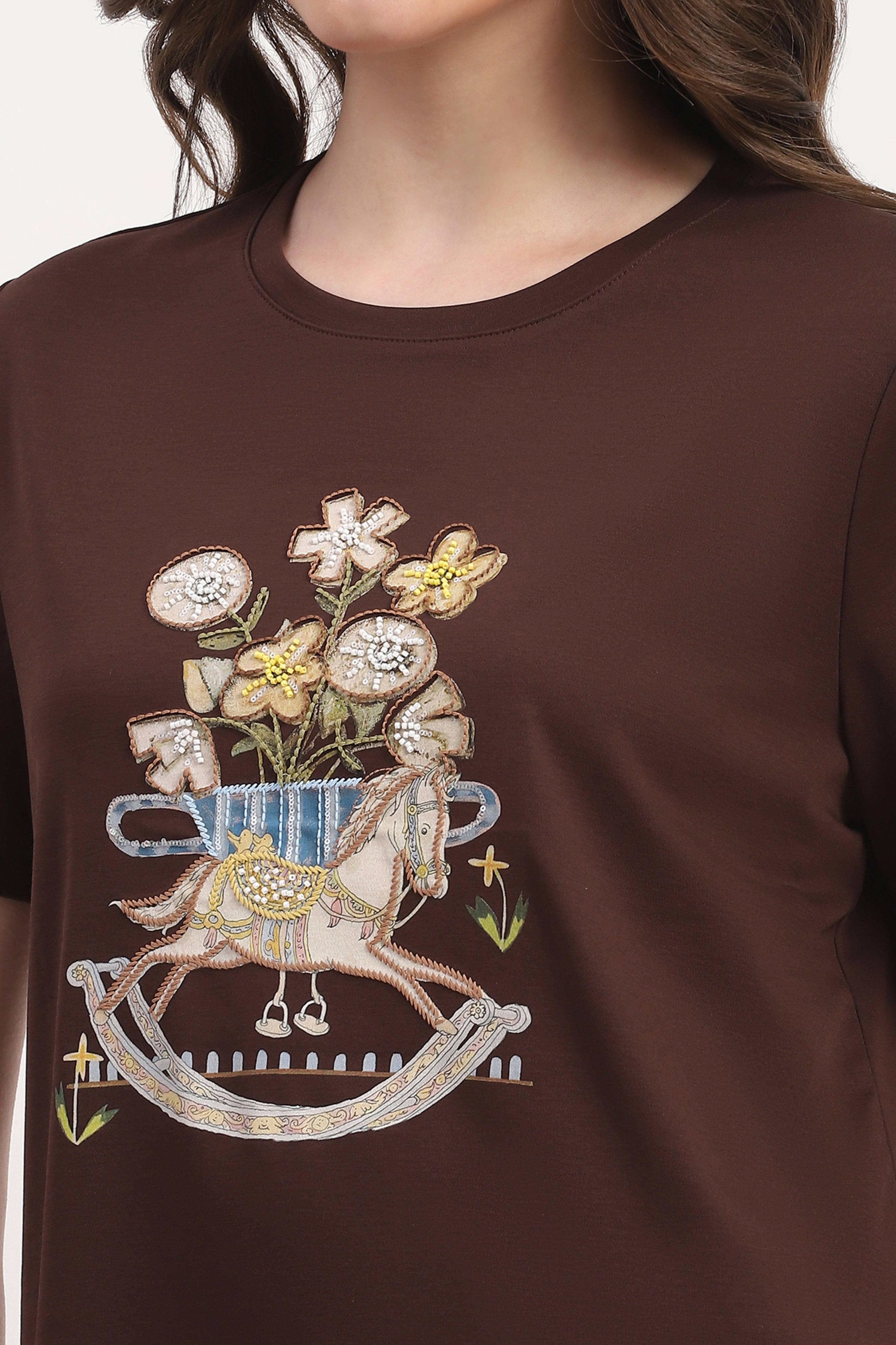 Brown Cotton Blend Print Embroidery  Embellishment Top
