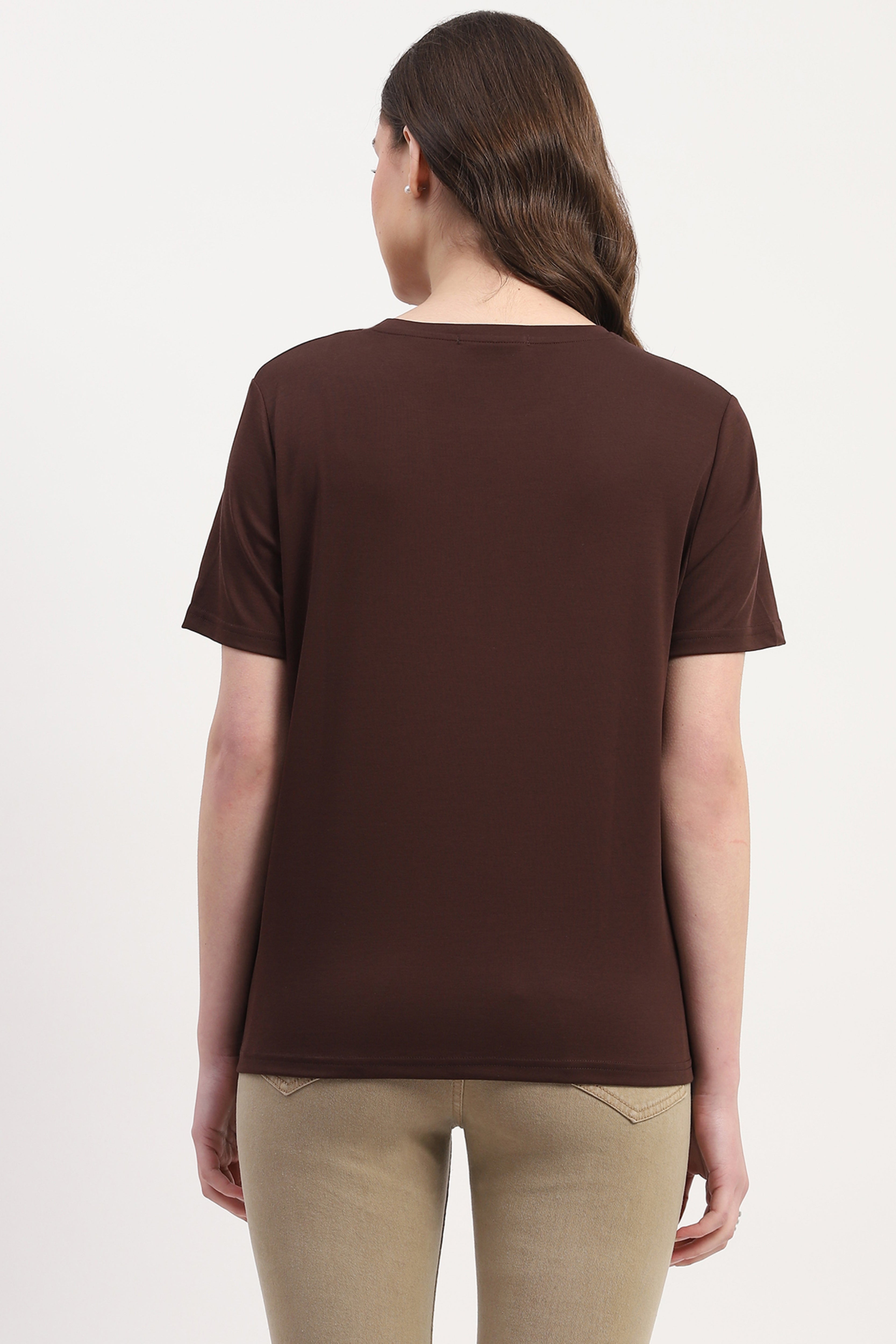 Brown Cotton Blend Print Embroidery  Embellishment Top