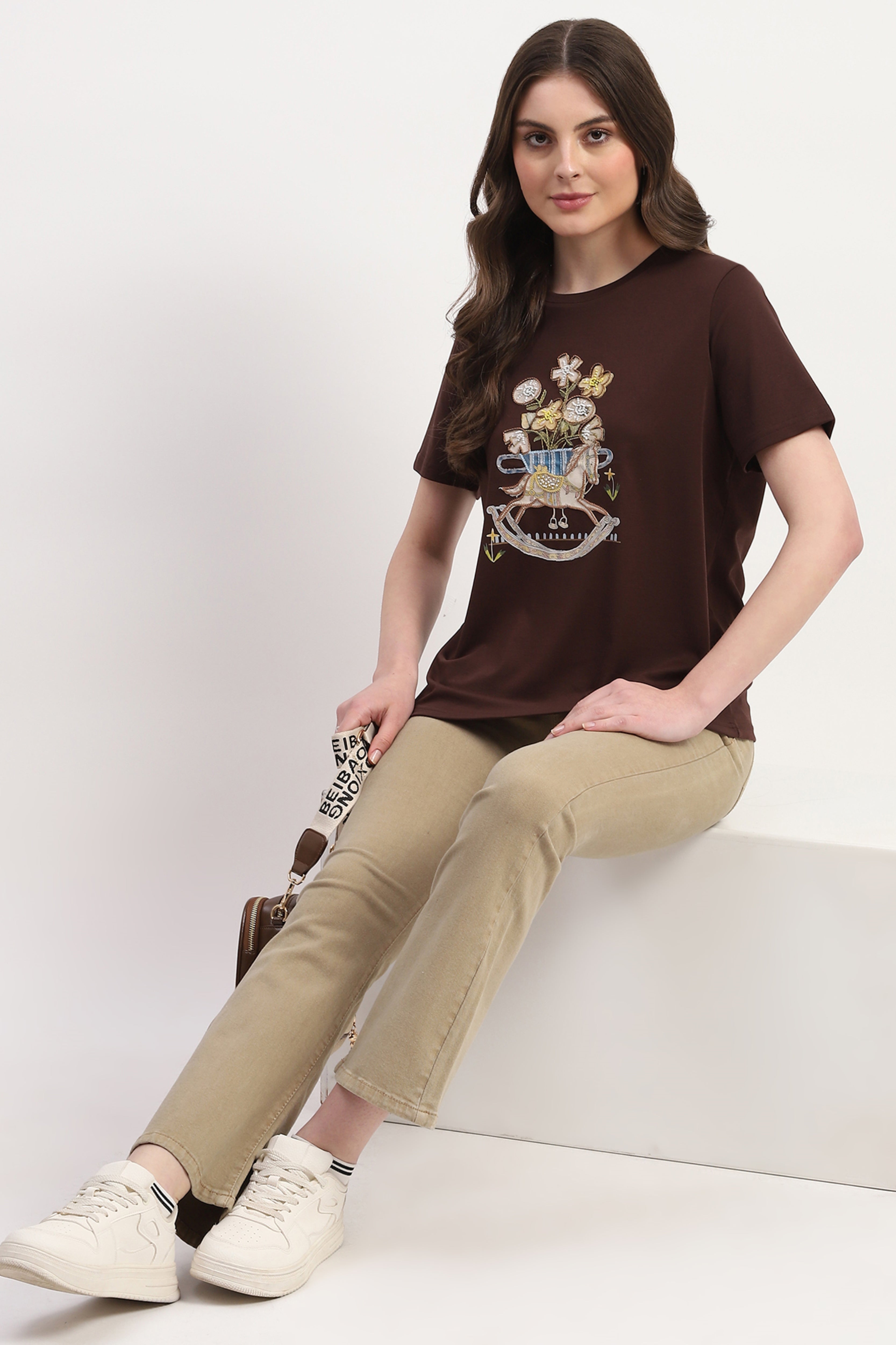 Brown Cotton Blend Print Embroidery  Embellishment Top