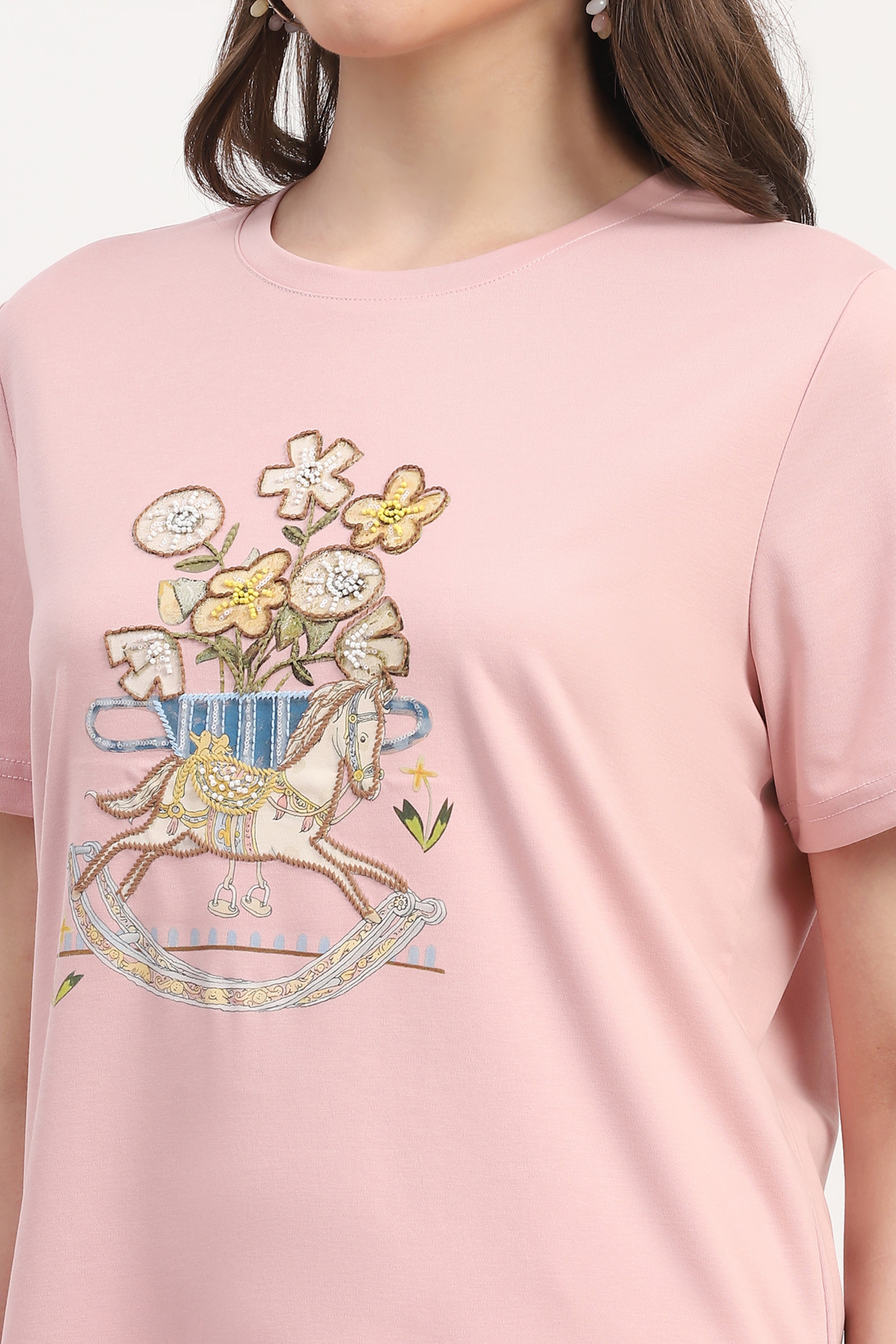 Pink Cotton Blend Print Embroidery Embellishment Top