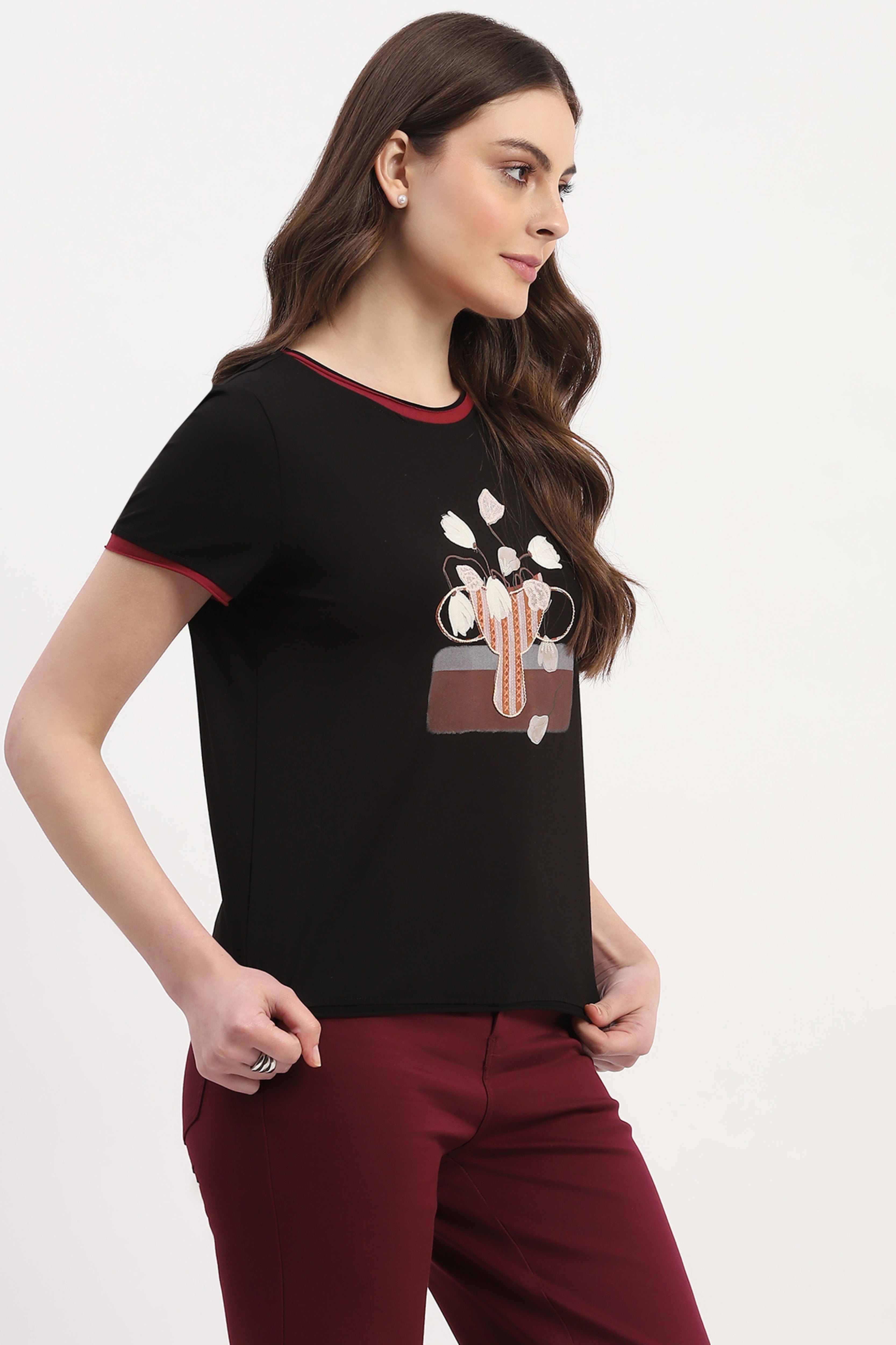 Black Modal Blend Applique & embroidered Top