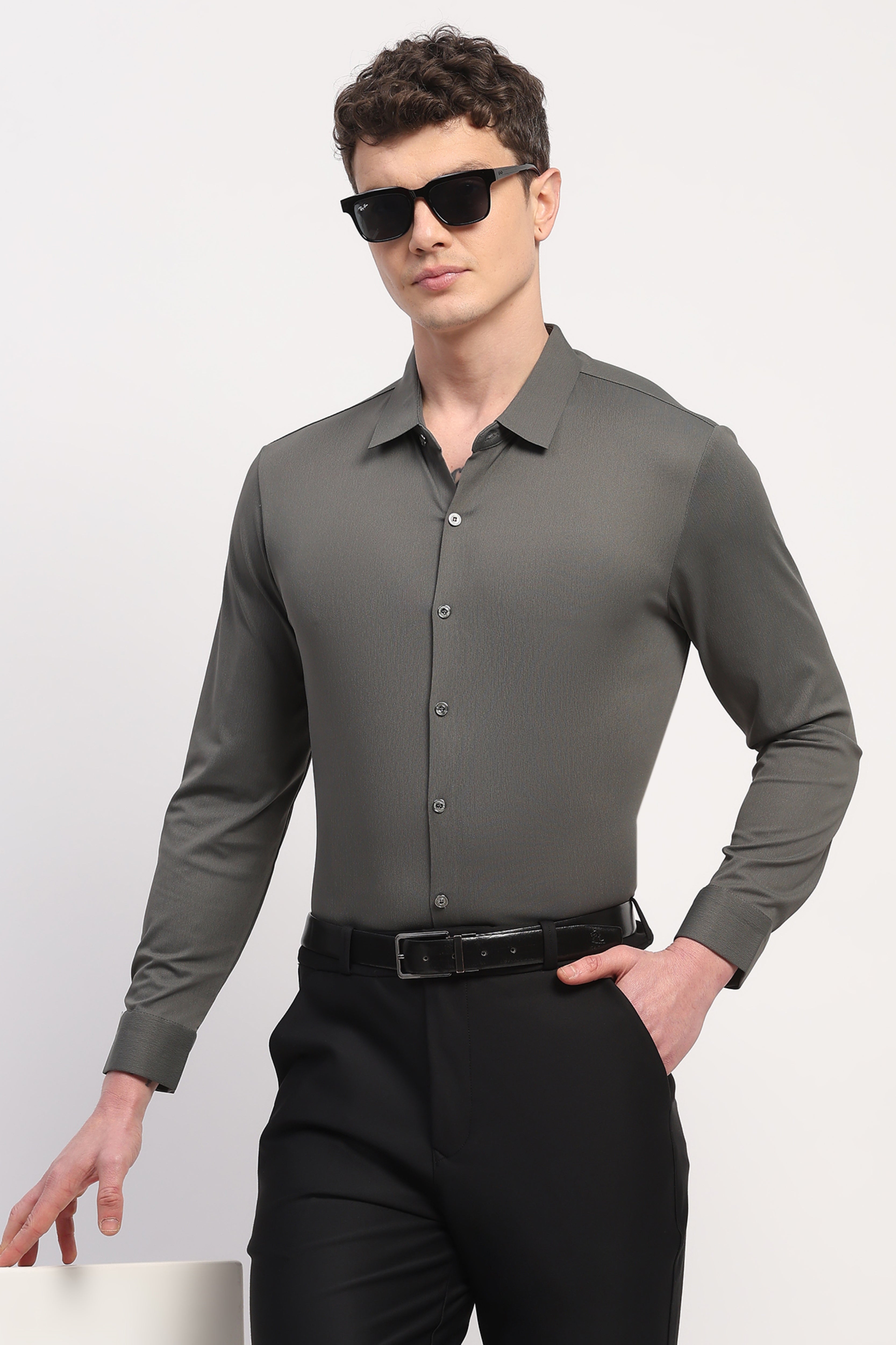 Dark Grey Nylon Spandex Solid Shirt
