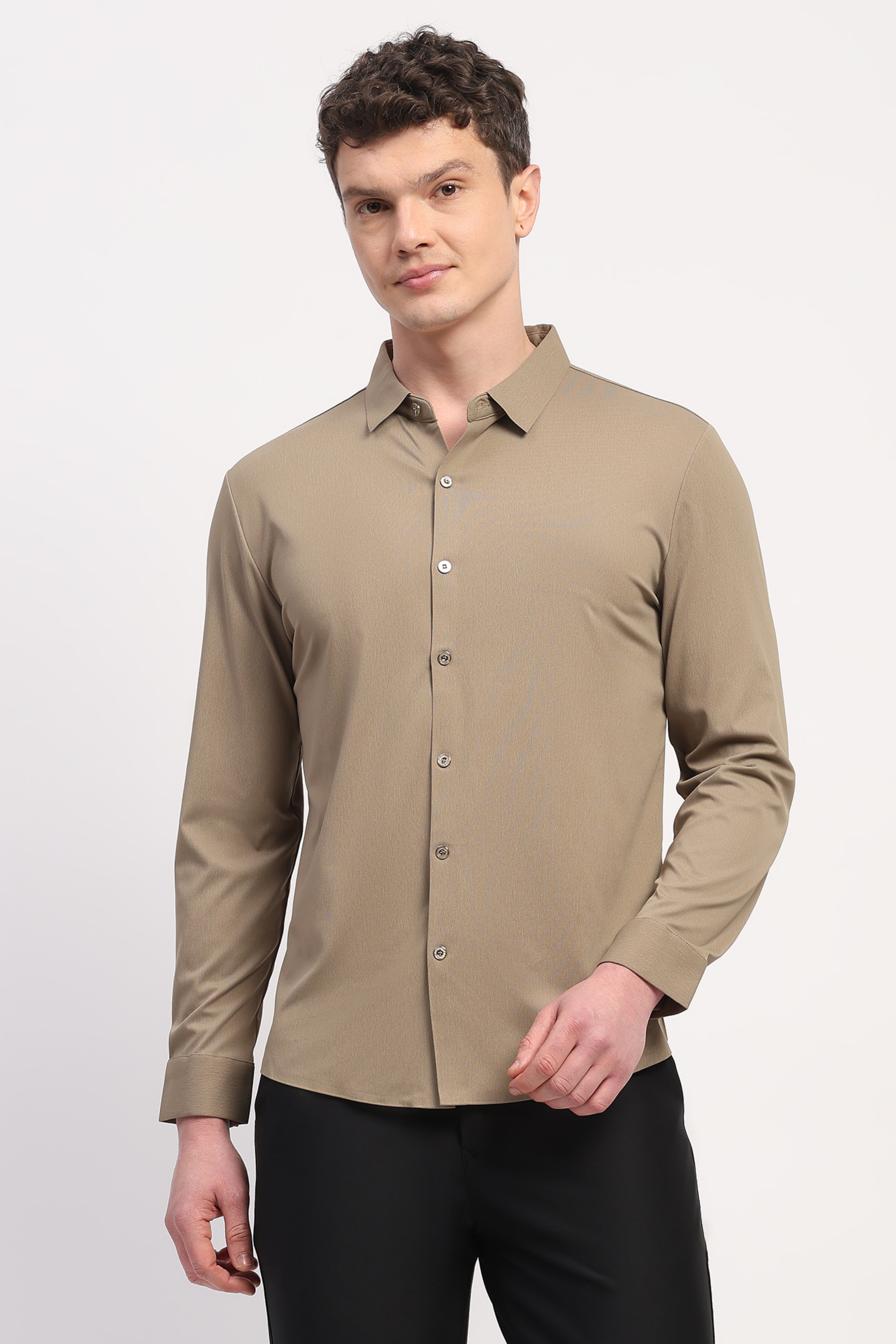 Brown Nylon Spandex Solid Shirt