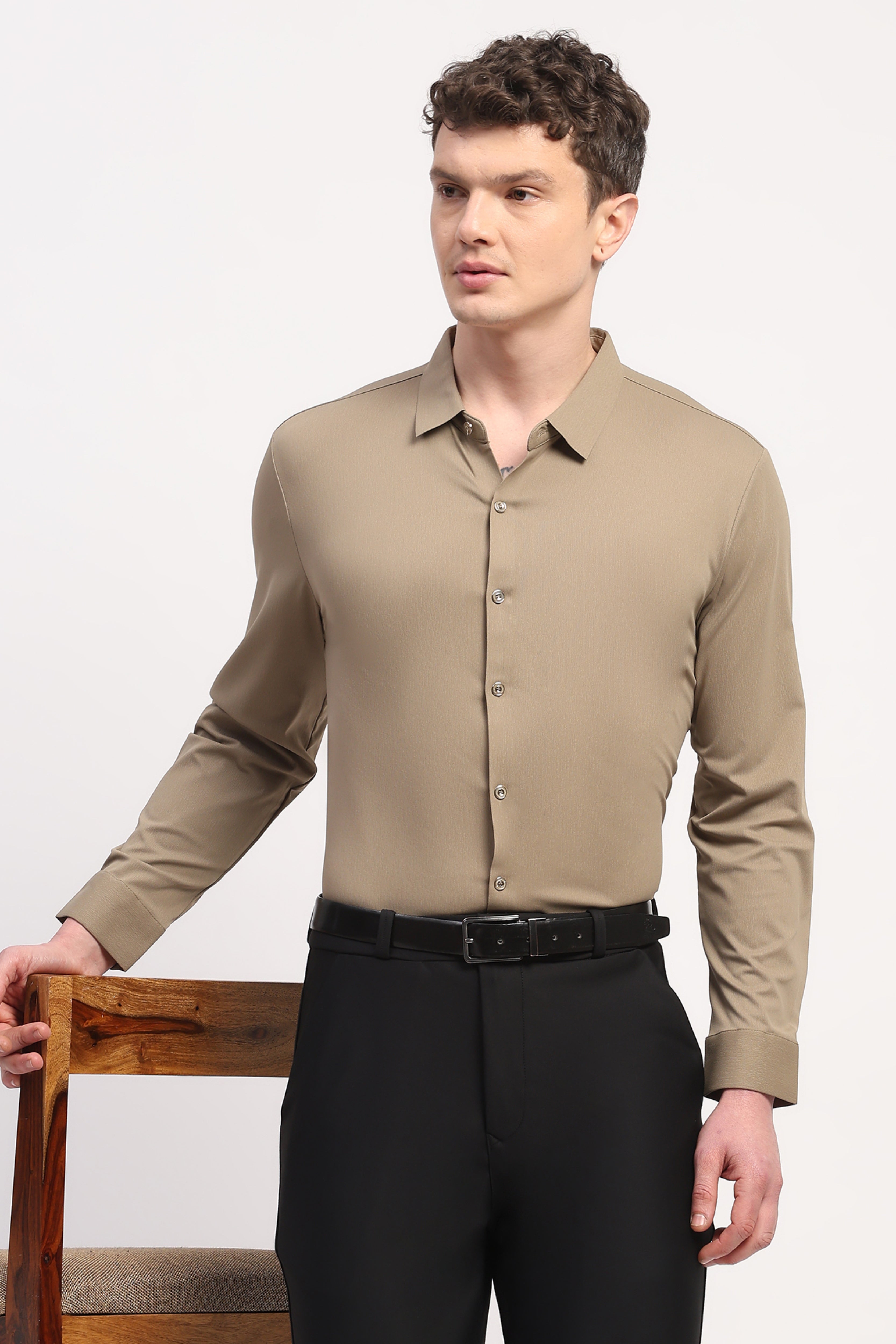 Brown Nylon Spandex Solid Shirt