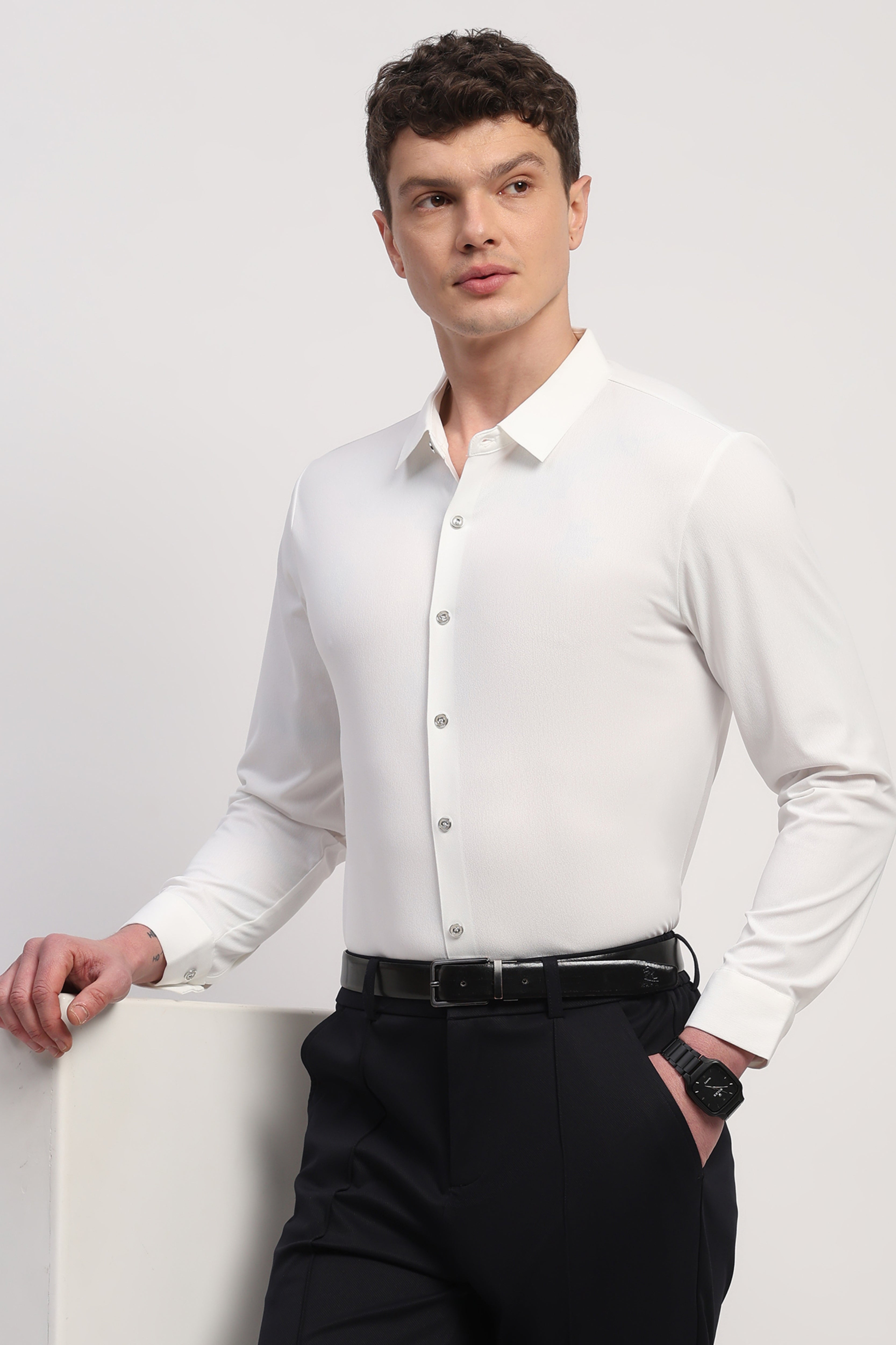 White Nylon Spandex Solid Shirt