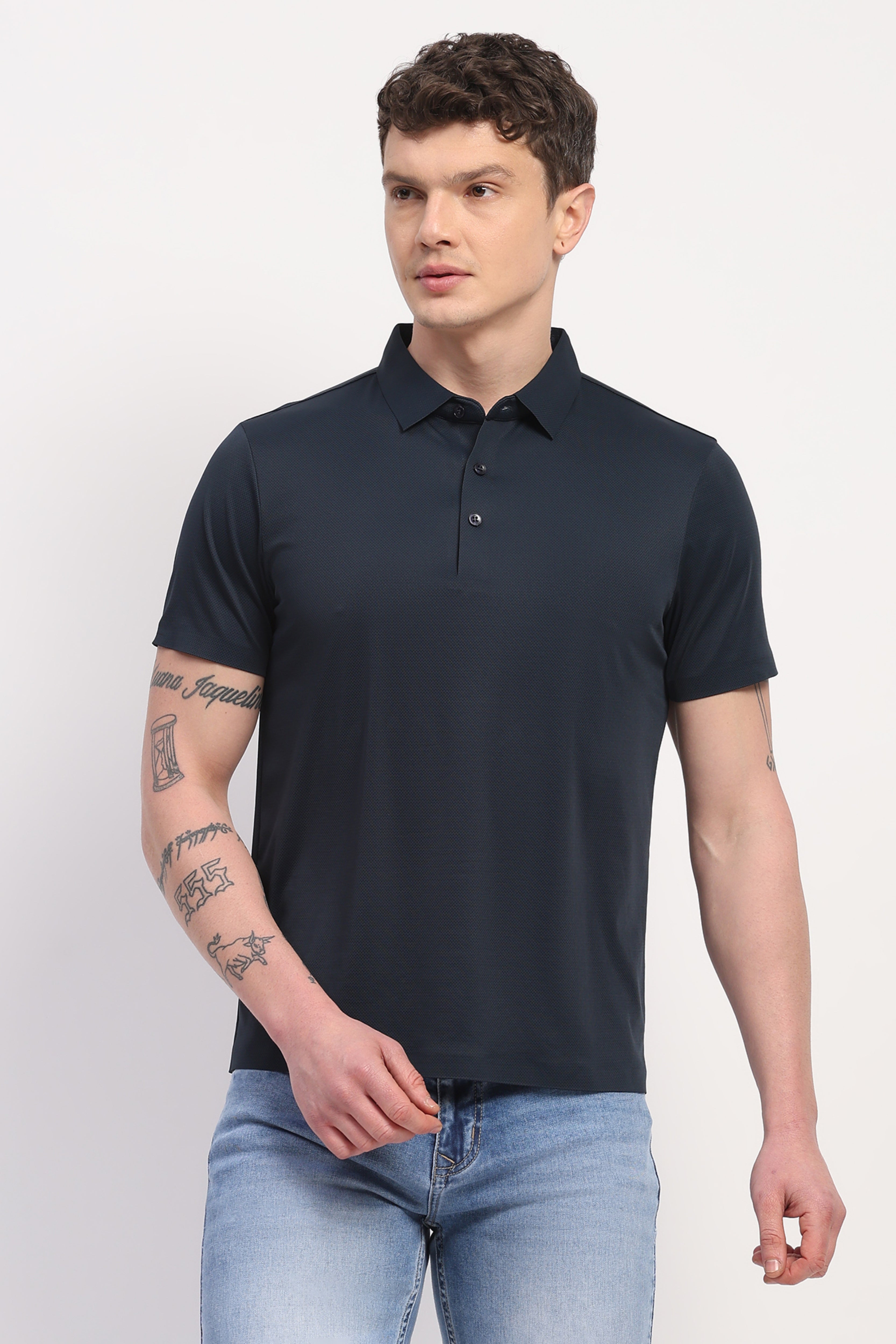 Navy Blue Nylon Spandex Printed T-Shirt