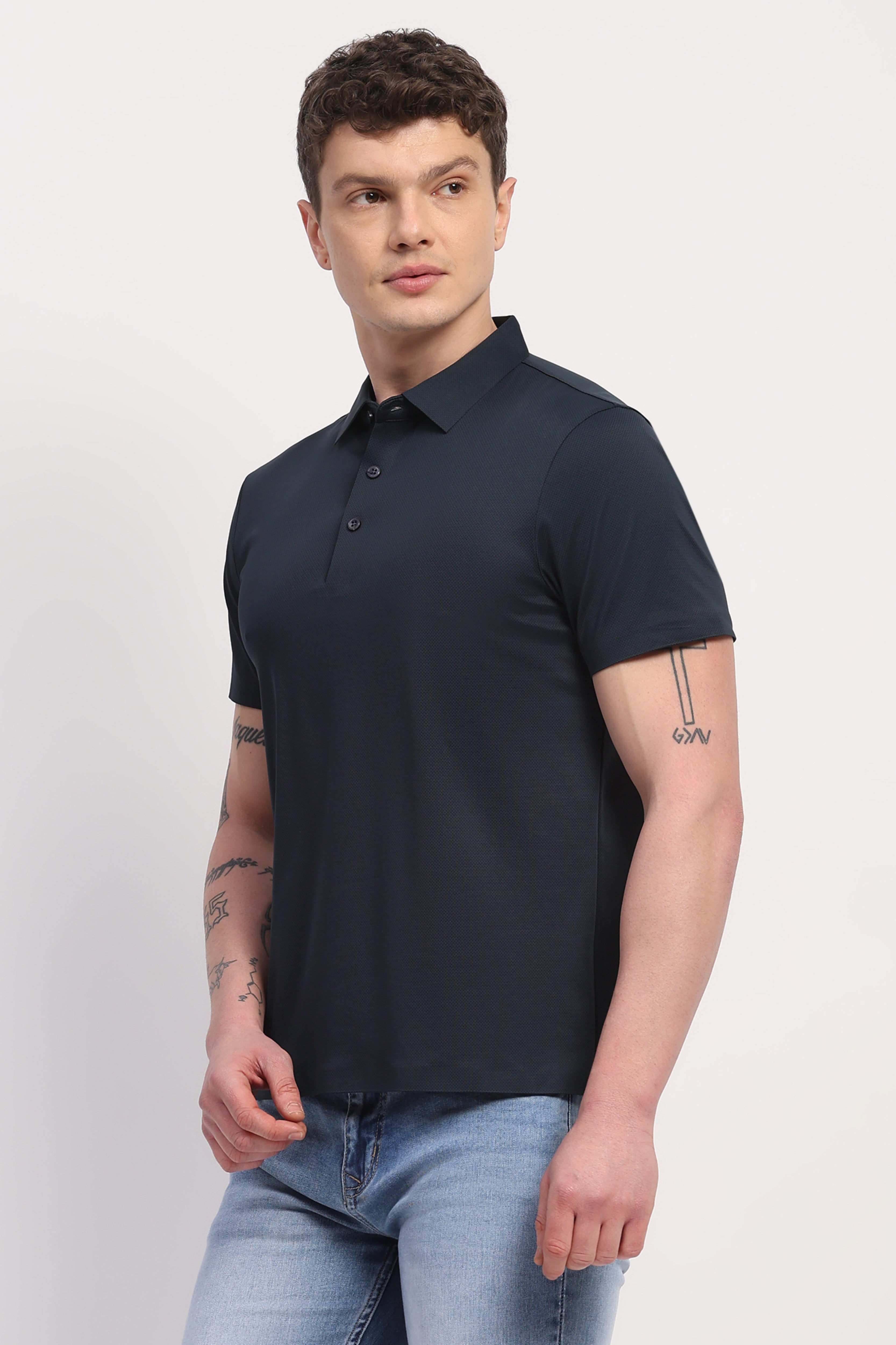 Navy Blue Nylon Spandex Printed T-Shirt