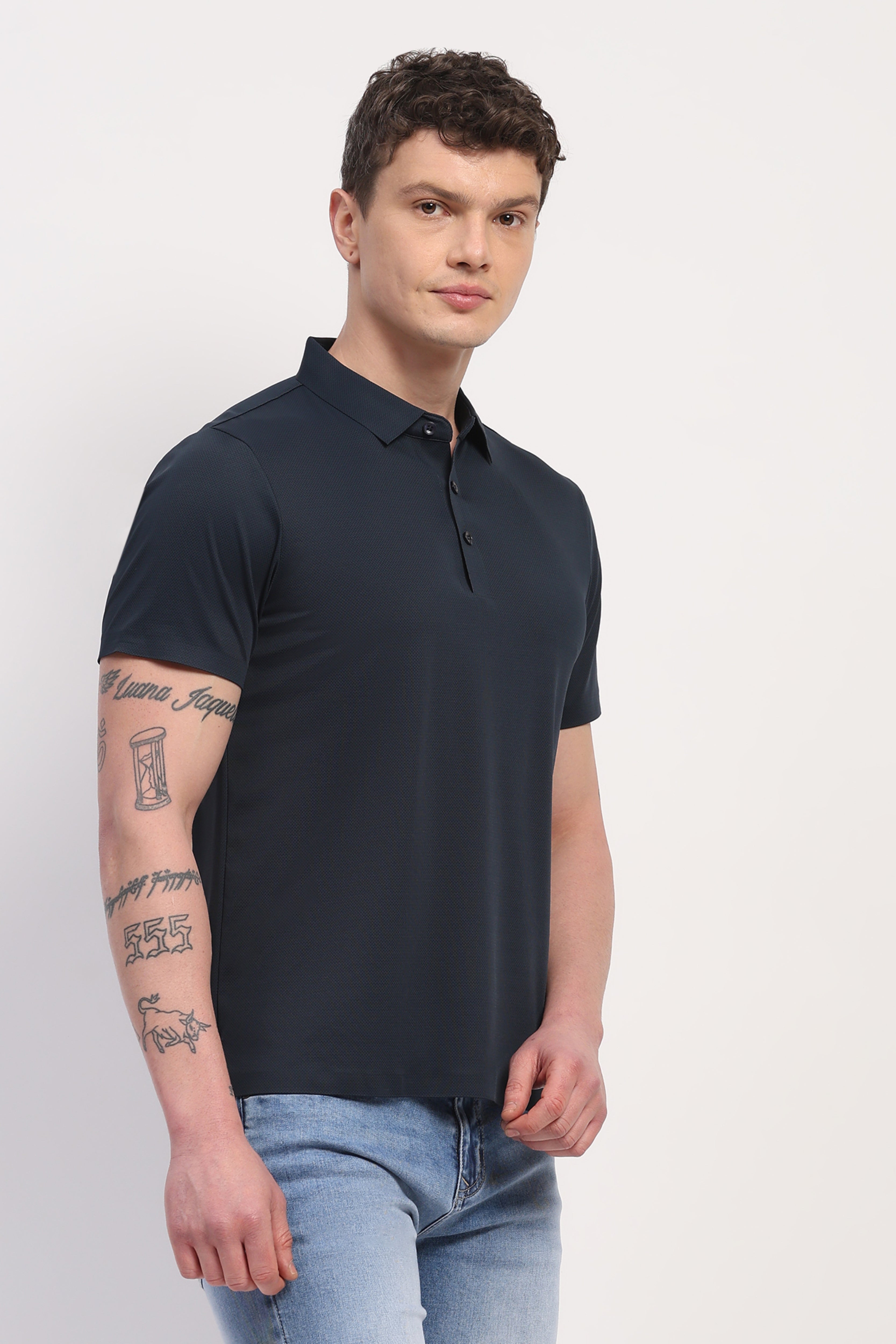 Navy Blue Nylon Spandex Printed T-Shirt
