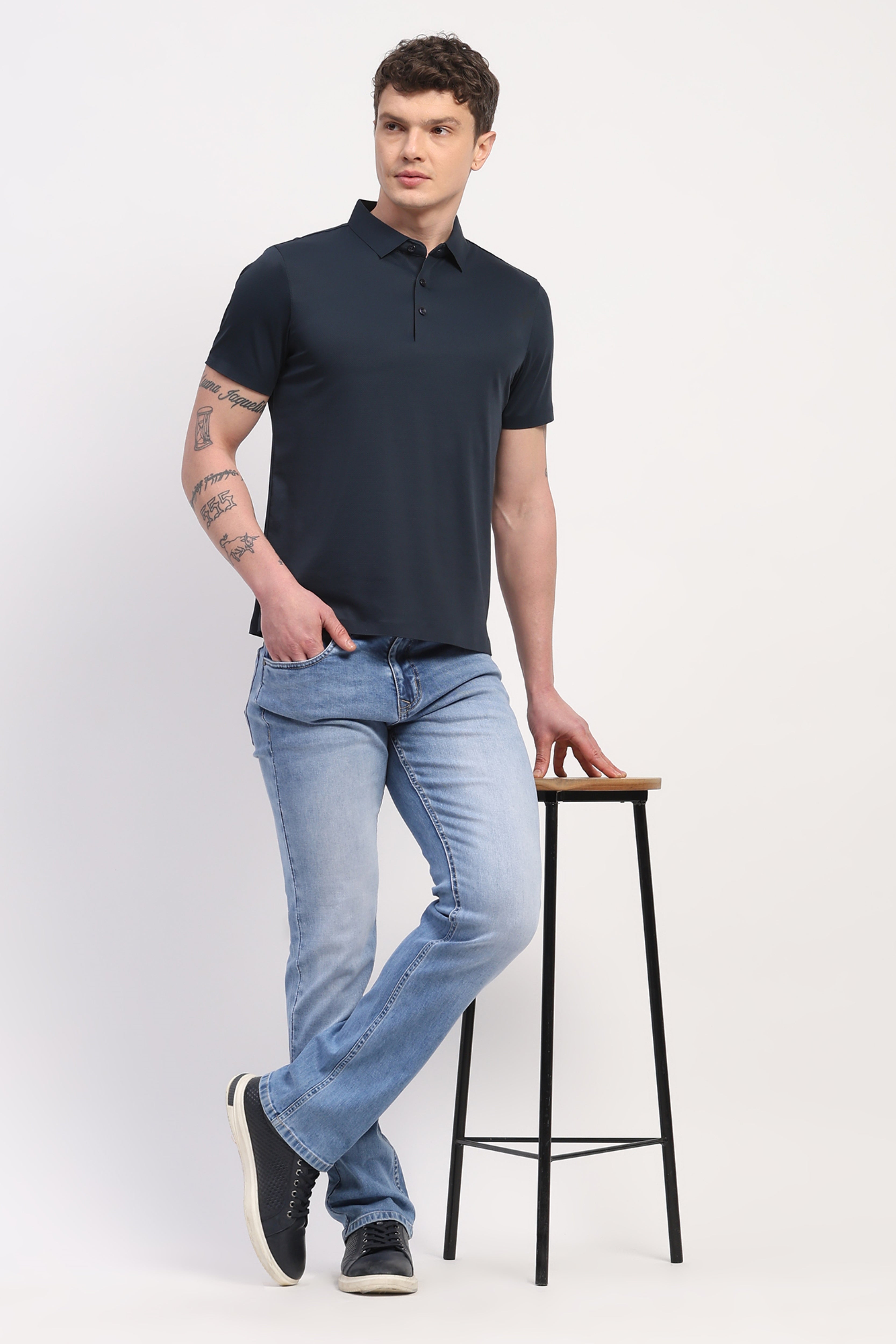 Navy Blue Nylon Spandex Printed T-Shirt