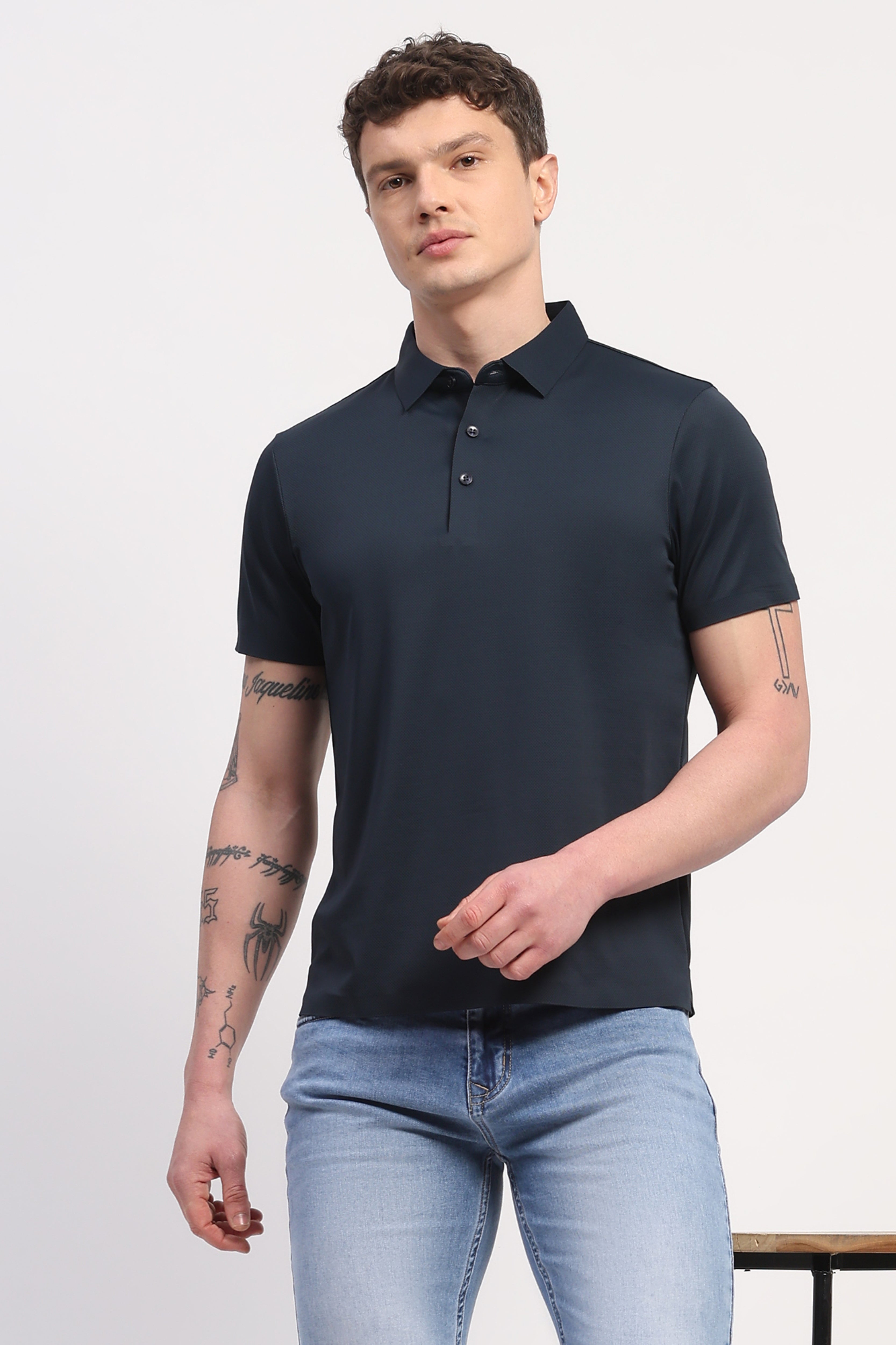 Navy Blue Nylon Spandex Printed T-Shirt