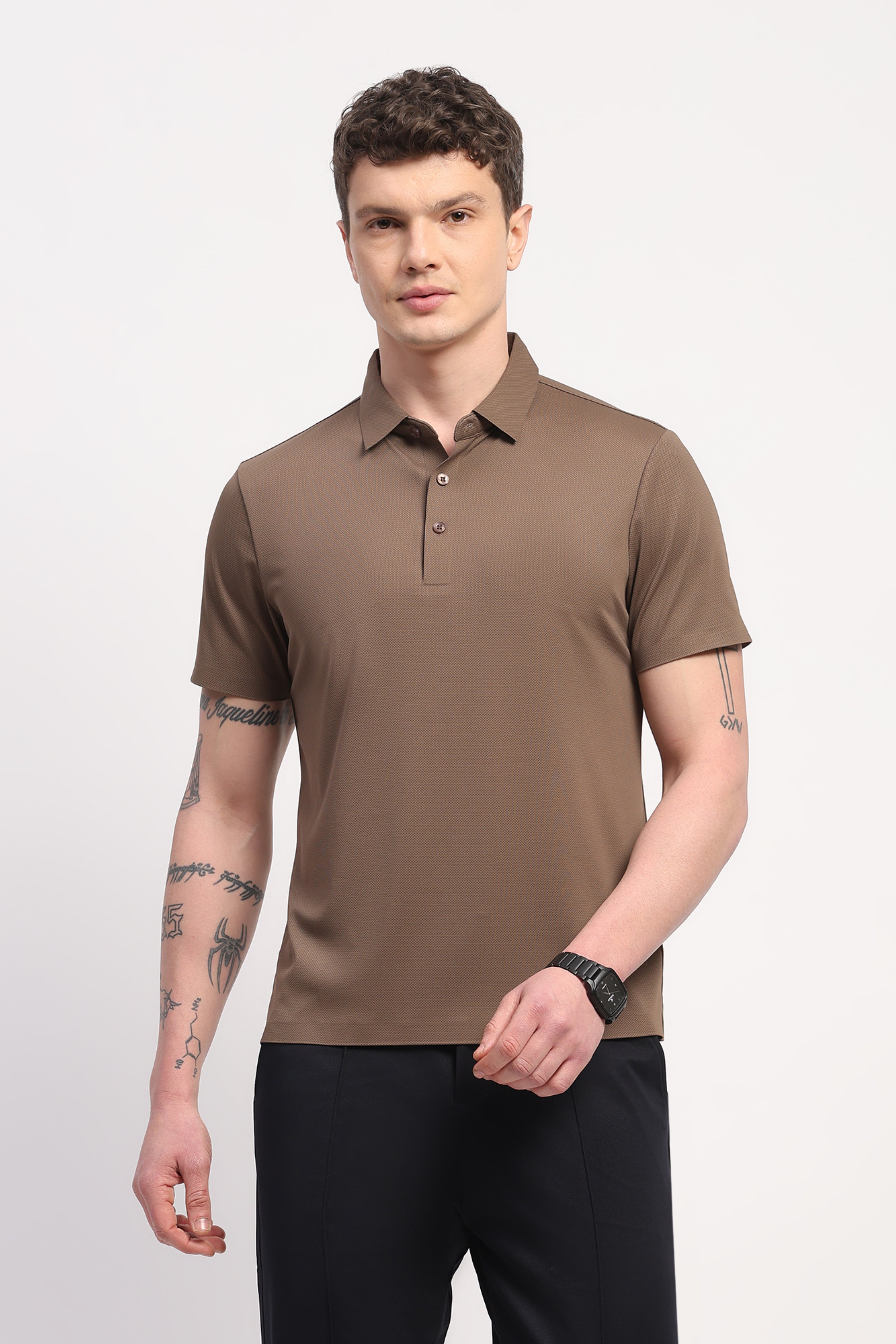 Brown Nylon Spandex Printed T-Shirt