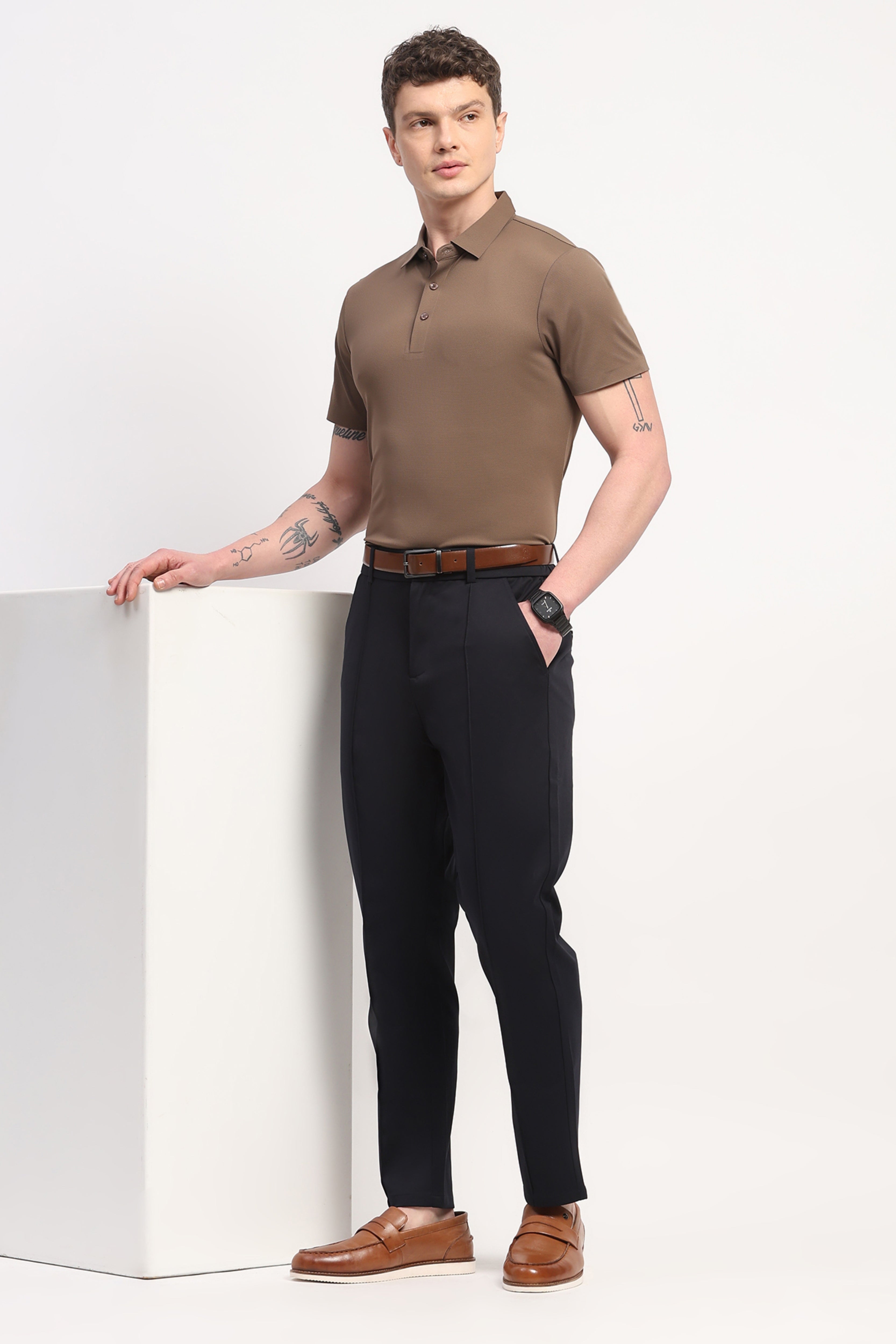 Brown Nylon Spandex Printed T-Shirt